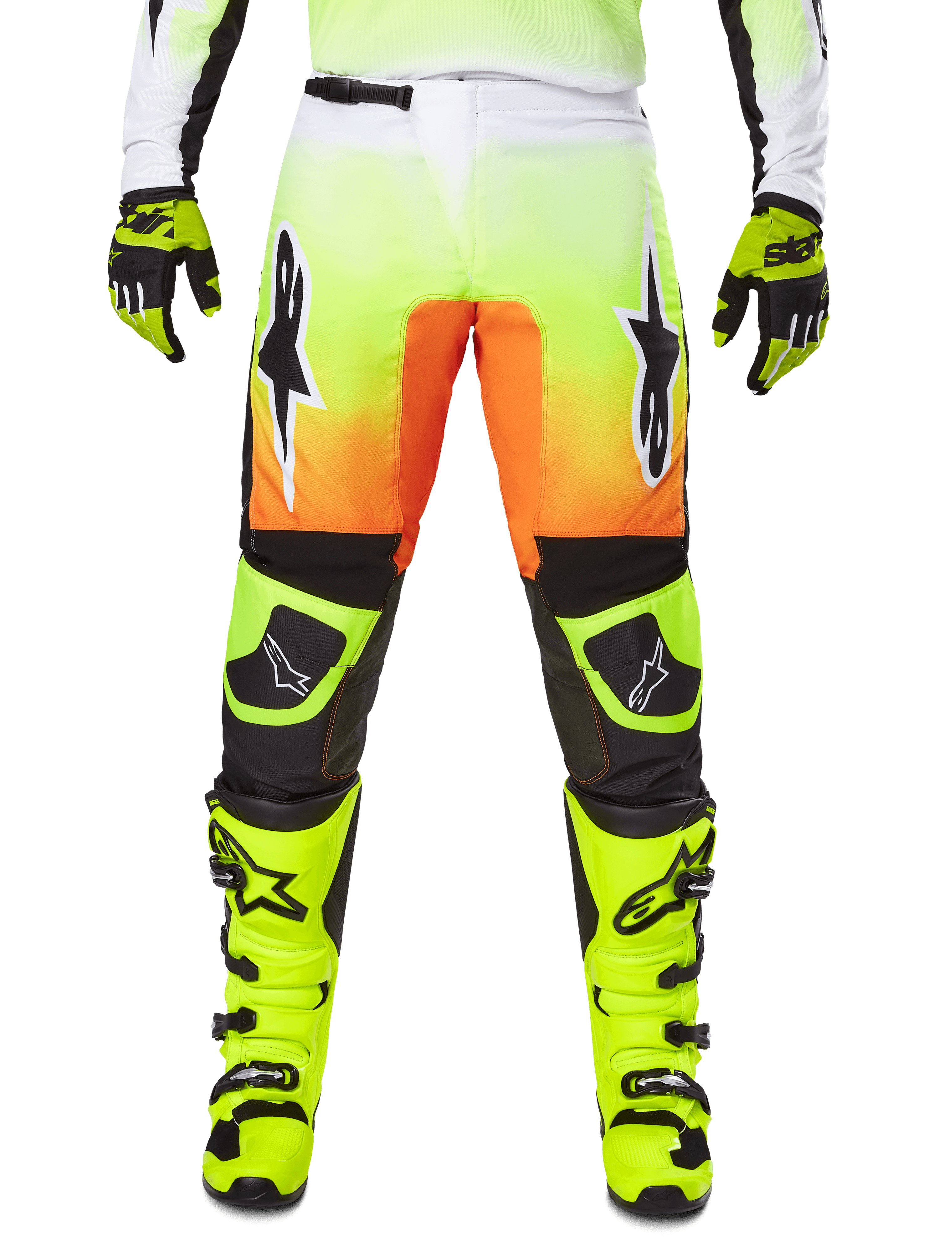 Alpinestars 2025 Fluid Wurx crossbroek, motorcrossbroek, neongeel en oranje, zwarte en witte sterlogo's, strak race-ontwerp met zwarte kniestukken, gecombineerd met bijpassende neongele laarzen en handschoenen