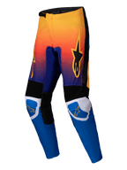 Alpinestars 2025 Fluid Wurx Hose, Motocross-Hose, Mehrfarbig mit einem Farbverlauf von Orange nach Violett oben und hellblauen Unterschenkeln, mit schwarz-weißen verstärkten Einsätzen, orangefarbenem Stern-Logo auf den Oberschenkeln und Knien, strapazierfähiges Offroad-Renndesign