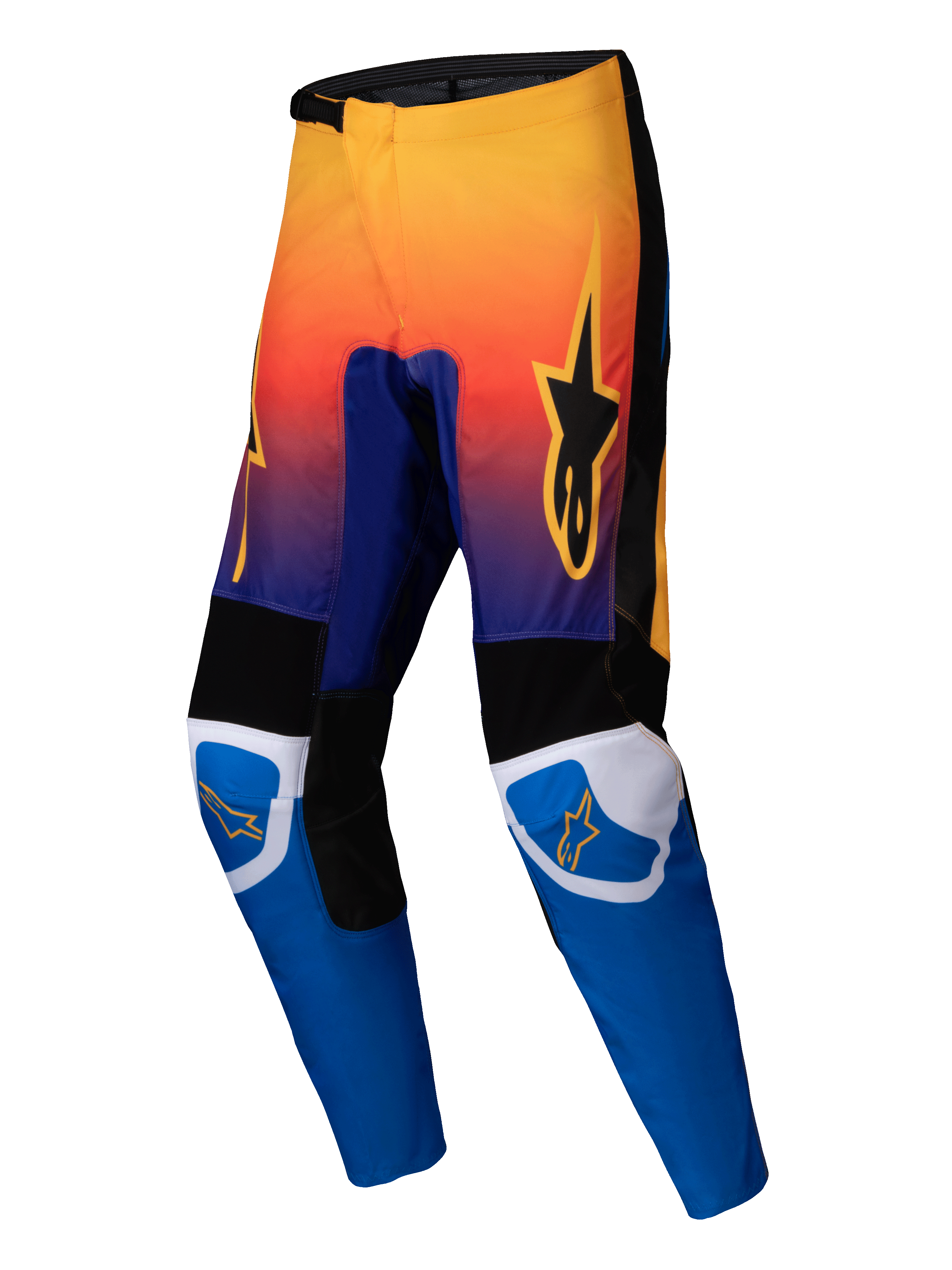 Alpinestars 2025 Fluid Wurx Hose, Motocross-Hose, Mehrfarbig mit einem Farbverlauf von Orange nach Violett oben und hellblauen Unterschenkeln, mit schwarz-weißen verstärkten Einsätzen, orangefarbenem Stern-Logo auf den Oberschenkeln und Knien, strapazierfähiges Offroad-Renndesign