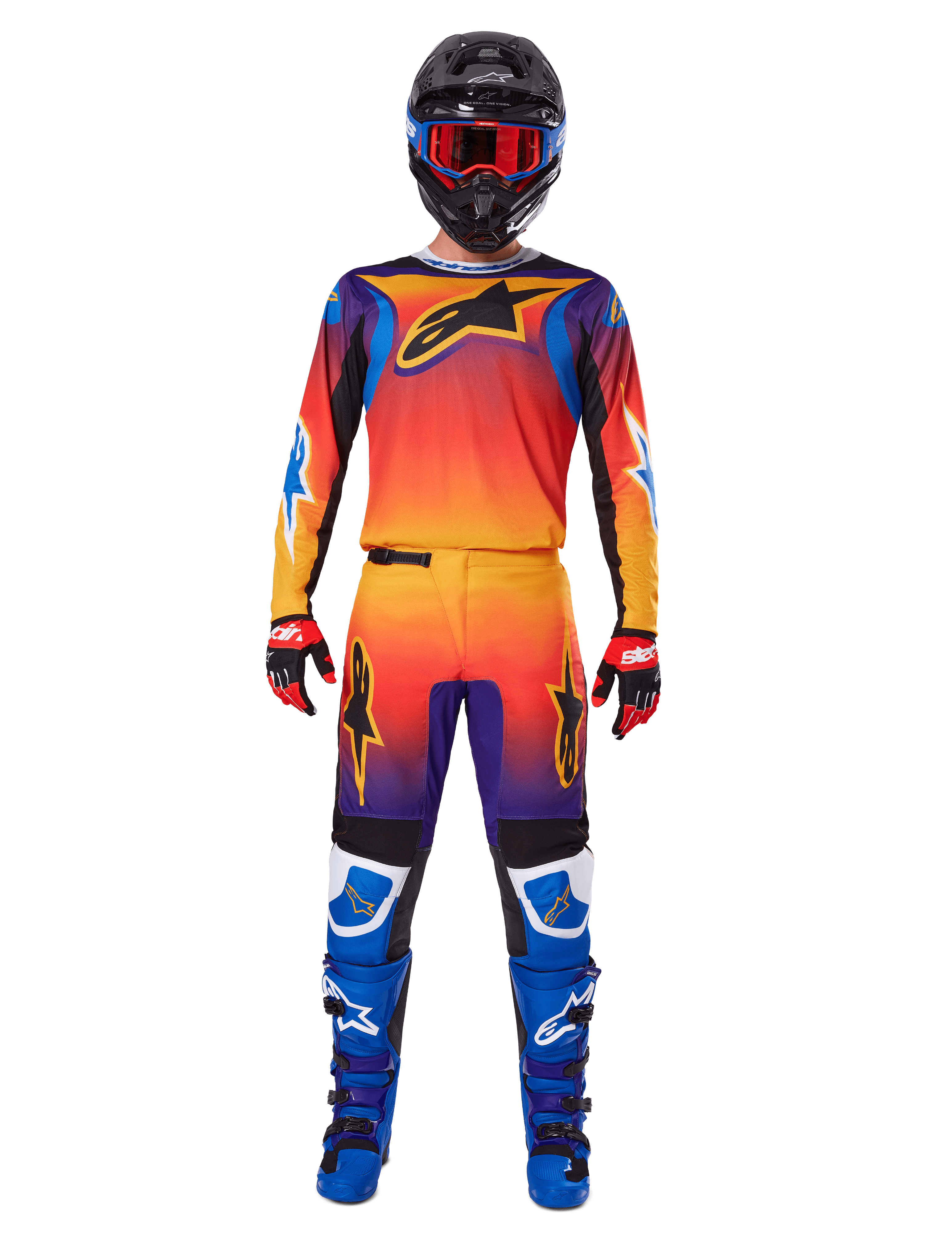 Alpinestars 2025 Fluid Wurx Hose, Motocross-Hose, mehrfarbiger Farbverlauf in Orange, Gelb und Lila, getragen mit passendem Trikot, schwarzem Helm mit blauer Brille, rot-schwarzen Handschuhen und blauen Stiefeln, abgestimmte Motocross-Rennausrüstung