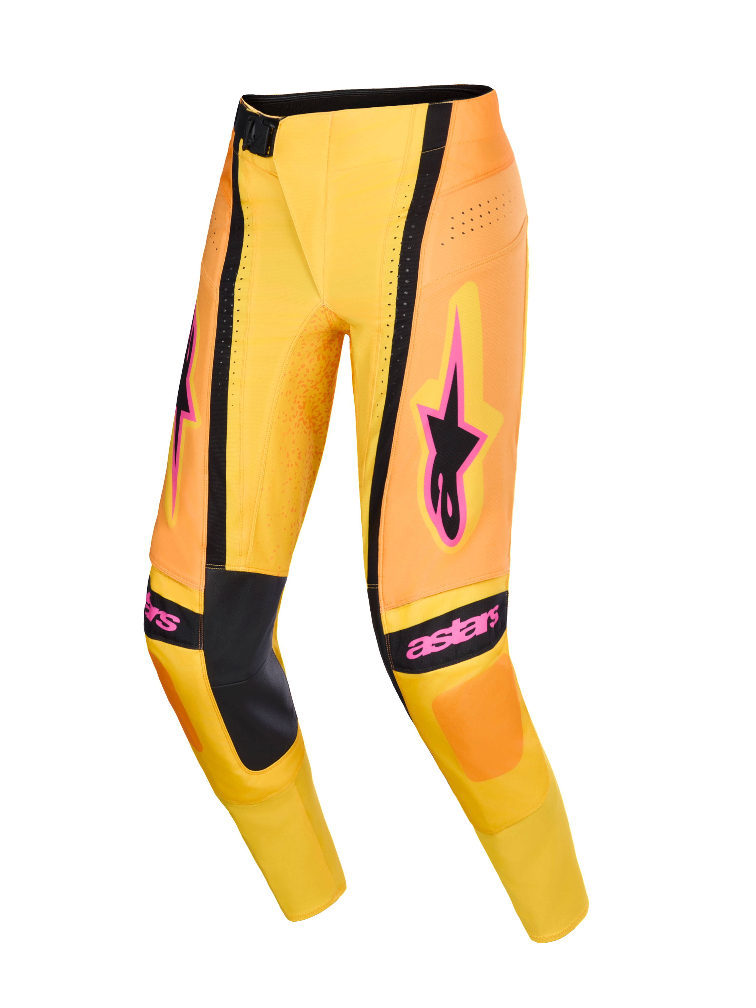 Alpinestars 2026 Techstar Nomur Hose, Motocross-Hose, Orange, Gelb und Pink, mit schwarzen Knie-Innenpaneelen und auffälligen pinkfarbenen Alpinestars-Logos, technisches Design mit Belüftungsperforationen und sportlicher Rennpassform, Hochleistungsausrüstung für den Offroad-Rennsport