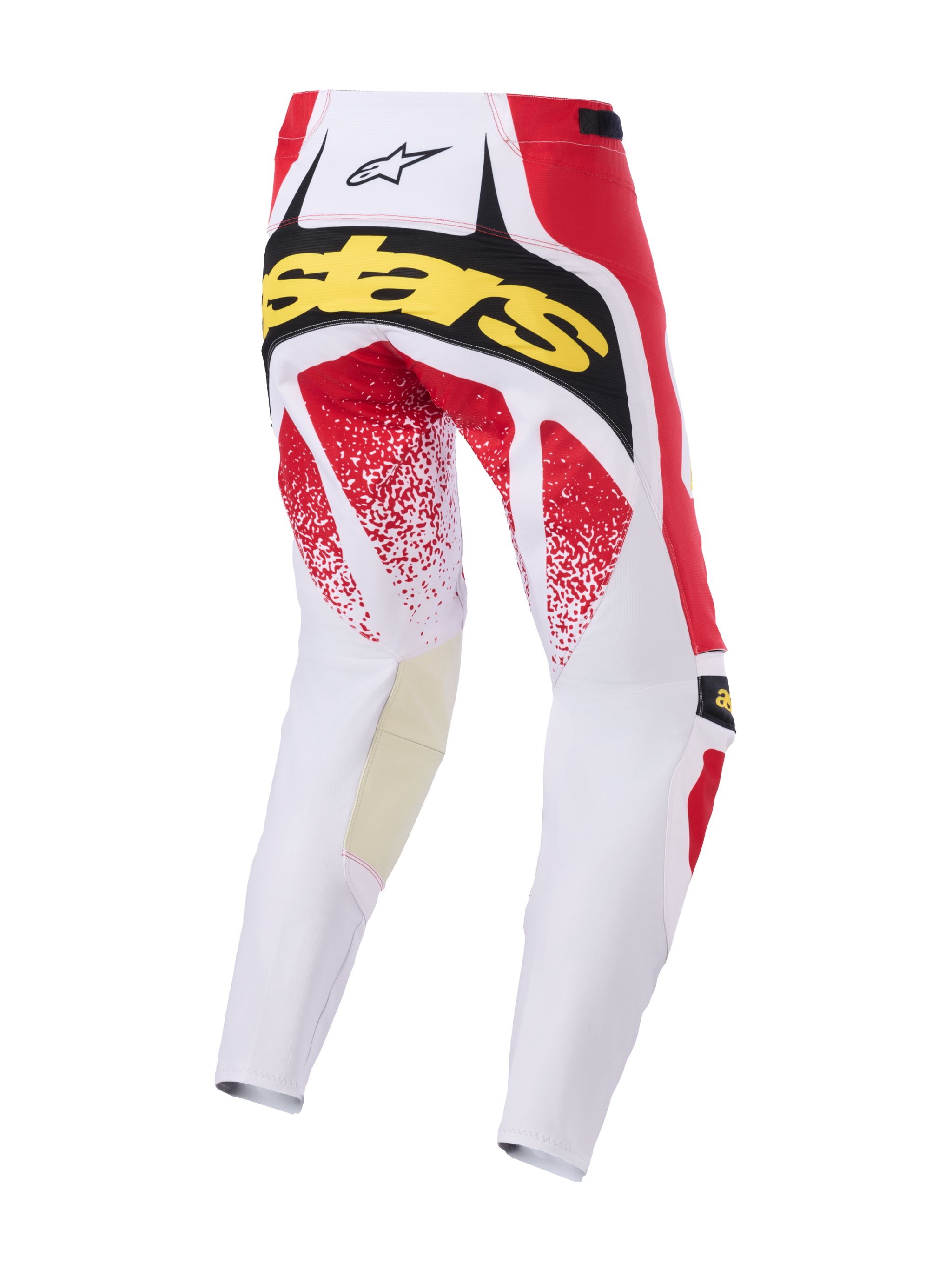 Alpinestars 2026 Techstar Nomur Pants, pantalon de motocross, blanc, rouge et noir, vue arrière avec logo 'Stars' jaune et motifs mouchetés rouges, construction multi-panneaux robuste pour la course tout-terrain