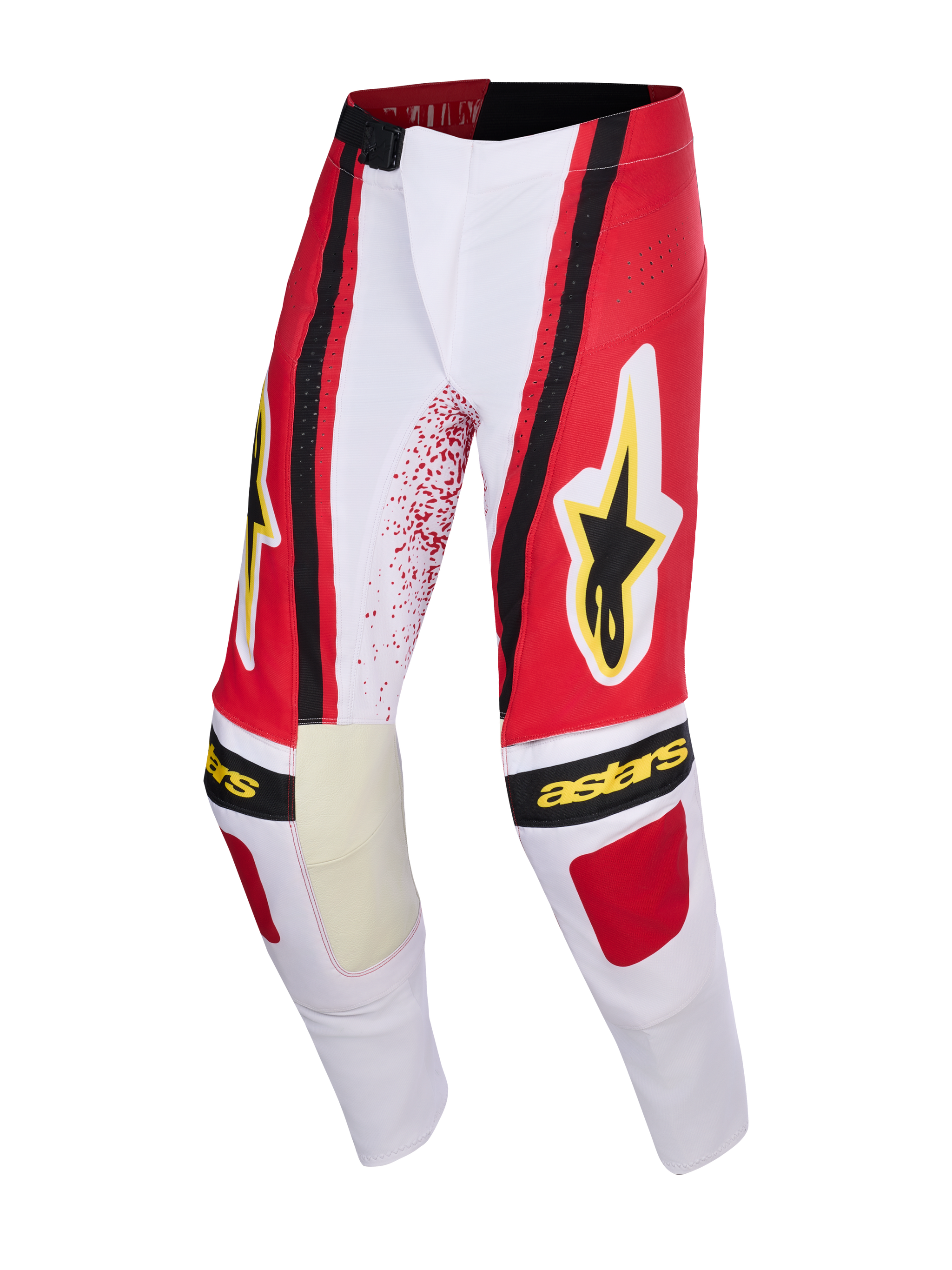 Pantalon Alpinestars Techstar Nomur 2026, pantalon de motocross, gris clair, rouge et noir, avec logo étoile et texte Alpinestars jaunes, panneaux de genoux intérieurs renforcés, coupe athlétique pour la course tout-terrain