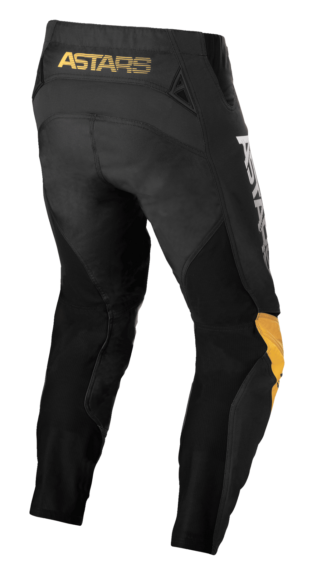 Alpinestars Techstar Quadro Pants, motorcrossbroek, zwart met geel en tangerine, achteraanzicht met gele 'ASTARS' branding op de tailleband, zwarte mesh-inzetstukken voor ventilatie en ergonomische geel en tangerine kniepanelen voor duurzaamheid tijdens off-road racen.
