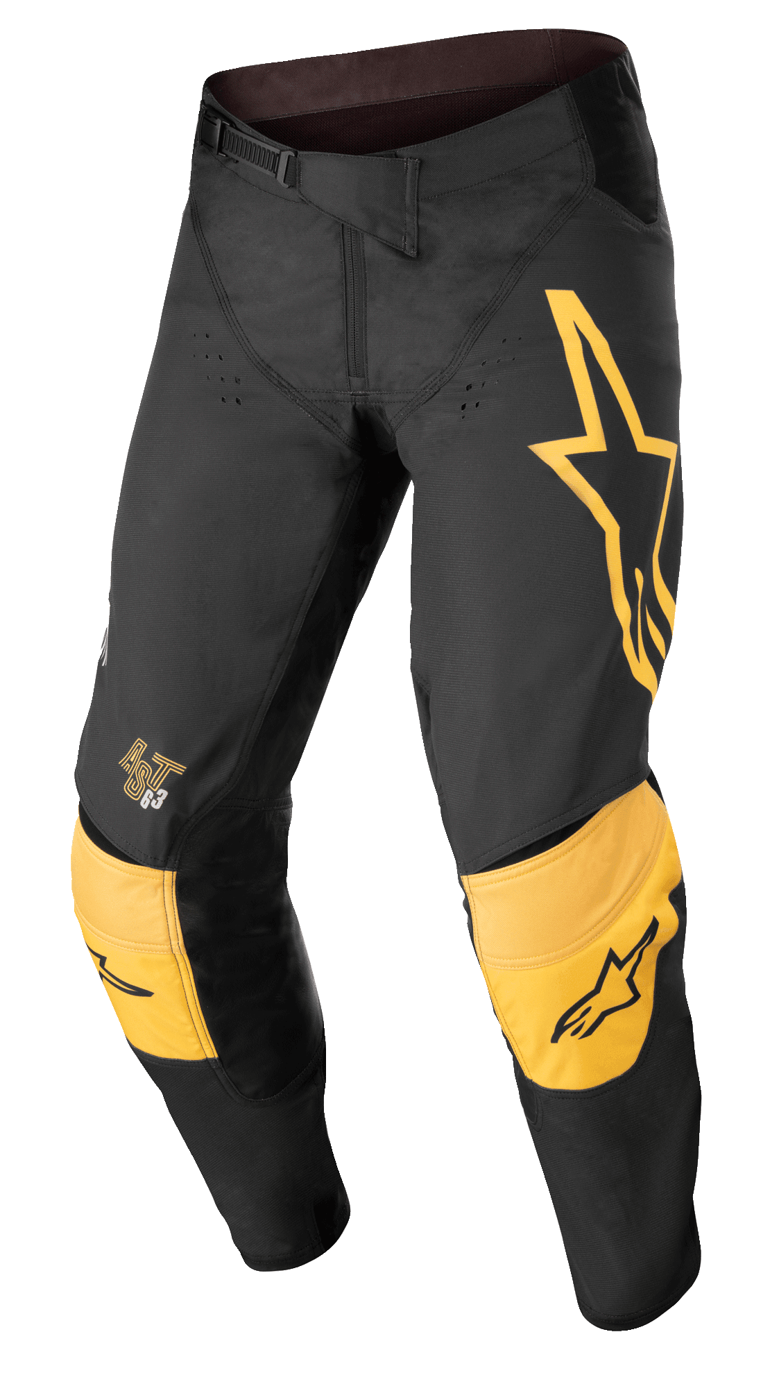 Alpinestars Techstar Quadro Pants, pantalon de motocross tout-terrain, noir et jaune avec accents tangerine, doté d'un grand logo étoile jaune sur la cuisse gauche, renforts aux genoux jaunes avec logos noirs, perforations pour la ventilation et fermeture à cliquet à la taille pour une coupe de course haute performance.