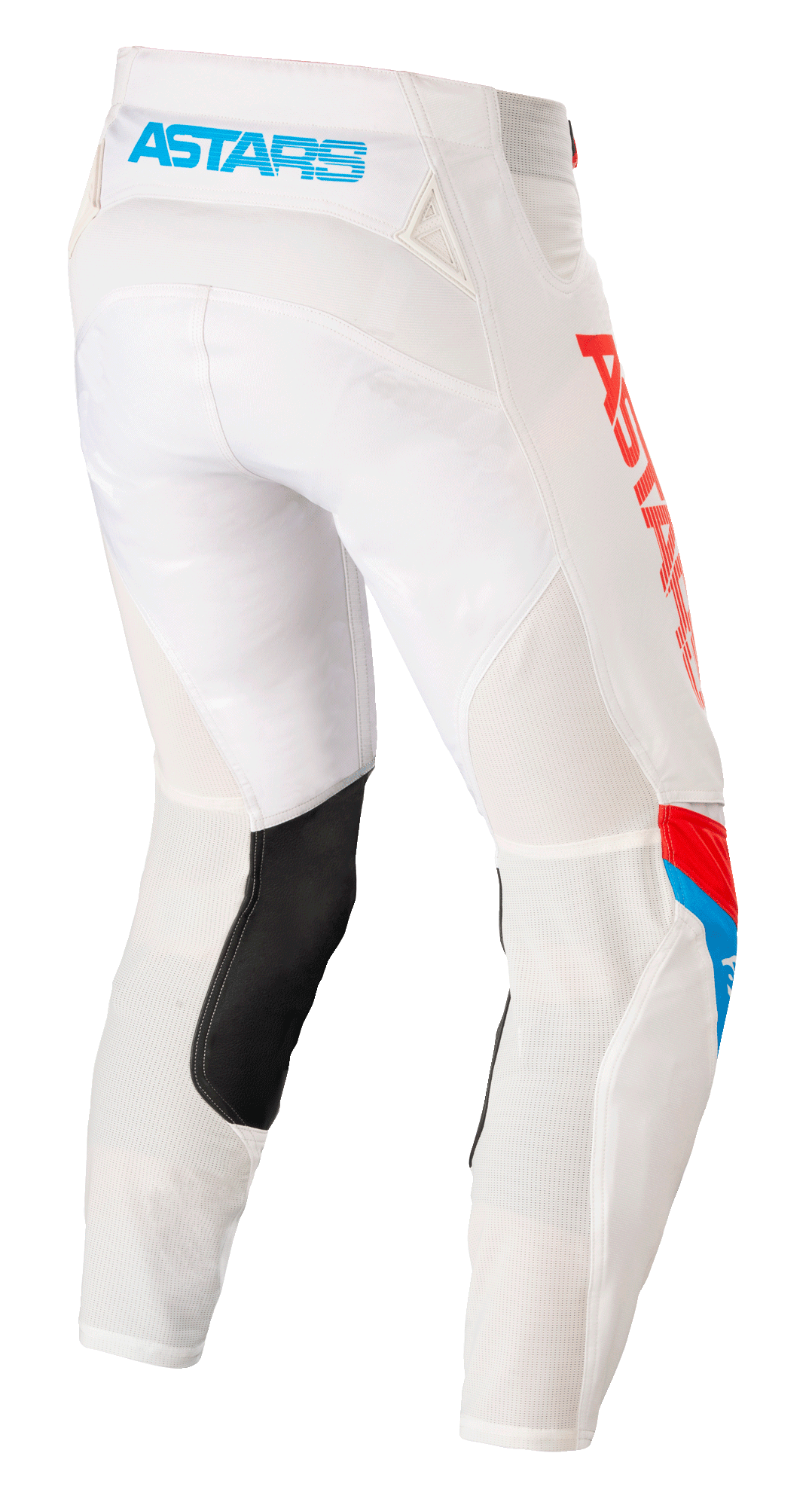 Alpinestars Techstar Quadro broek, motorcrossbroek, off-white blauw neon helderrood, achteraanzicht met lichtblauw 'ASTARS'-logo op de tailleband, mesh ventilatiepanelen, zwart leren patch aan de binnenkant van het been en opvallende rode branding aan de zijkant.