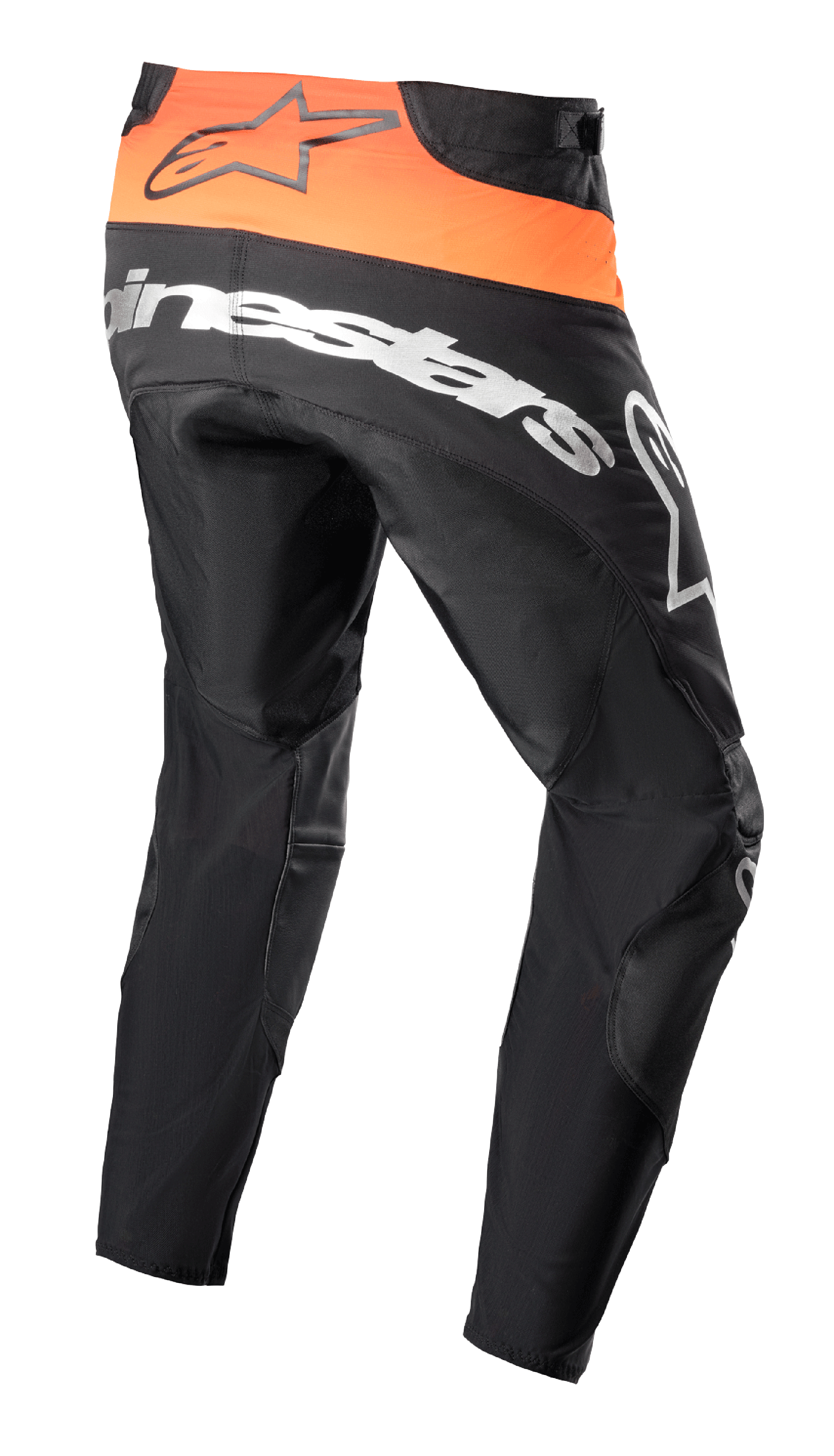 Pantalon Alpinestars Techstar Sein 2023, pantalon de motocross, noir et orange vif, vue arrière montrant l'empiècement orange vif à la taille avec logo noir, large marquage Alpinestars blanc sur l'assise, construction en textile renforcé pour la course tout-terrain