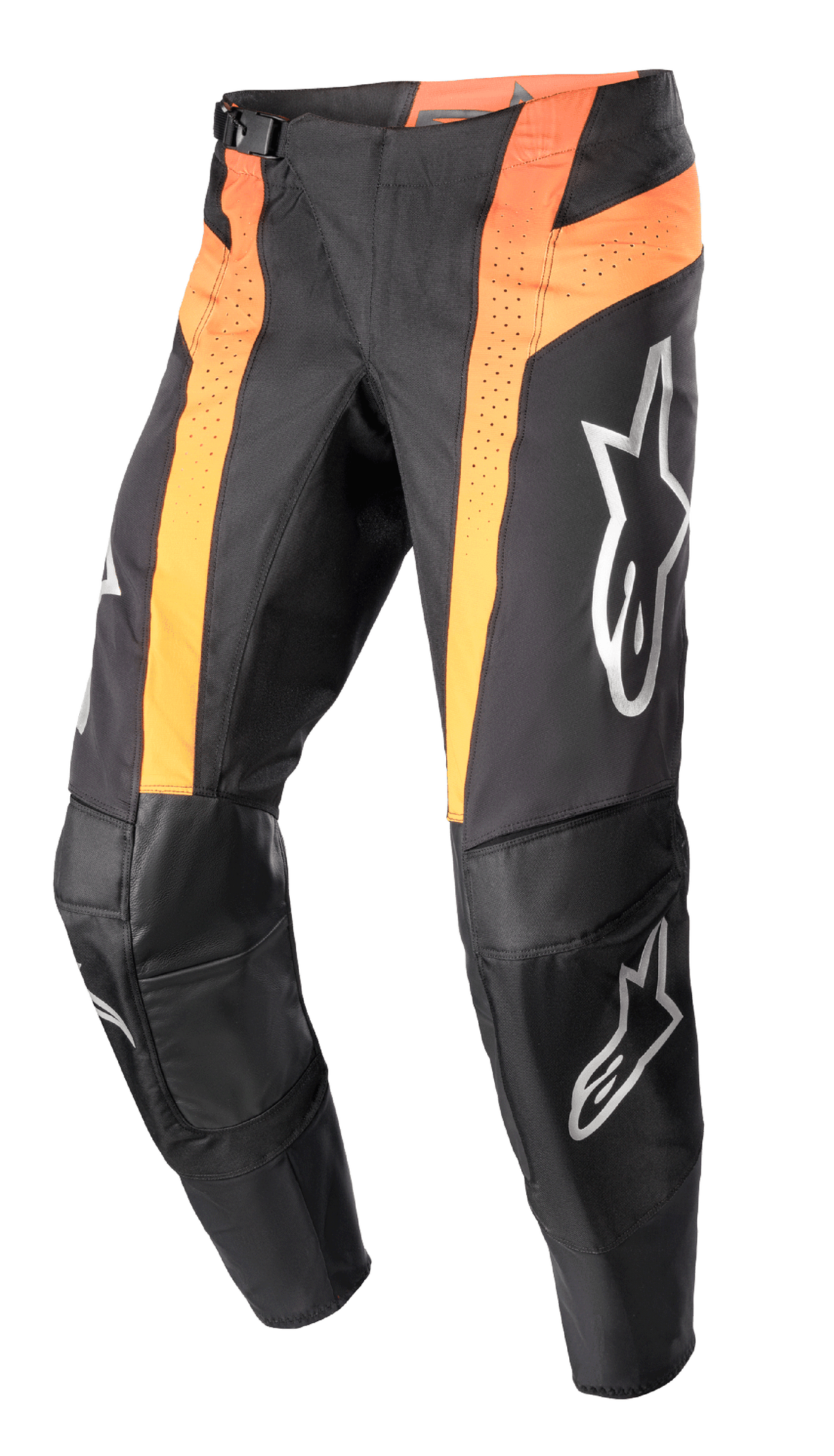 Alpinestars 2023 Techstar Sein Pants, Motocross Pants, Black and Hot Orange, featuring vertical orange panels with perforated ventilation, reinforced leather knee areas, silver logos on the thighs and shins, and a race-fit design.