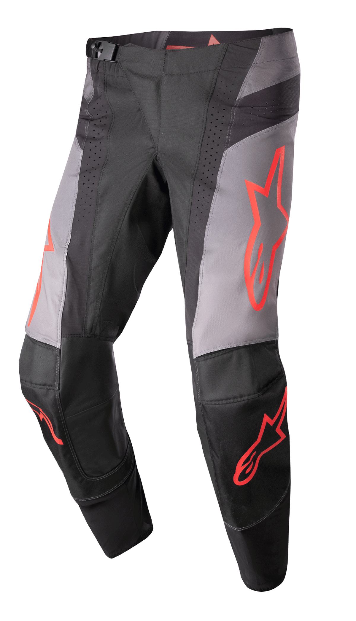 Alpinestars 2023 Techstar Sein Hose, Motocross-Hose, Schwarz und Grau mit neonroten Sterngrafiken, perforierte Belüftungszonen, magnetische Taillenschnalle und verstärkte 3D-Babel-Kniekonstruktion für Offroad-Performance.