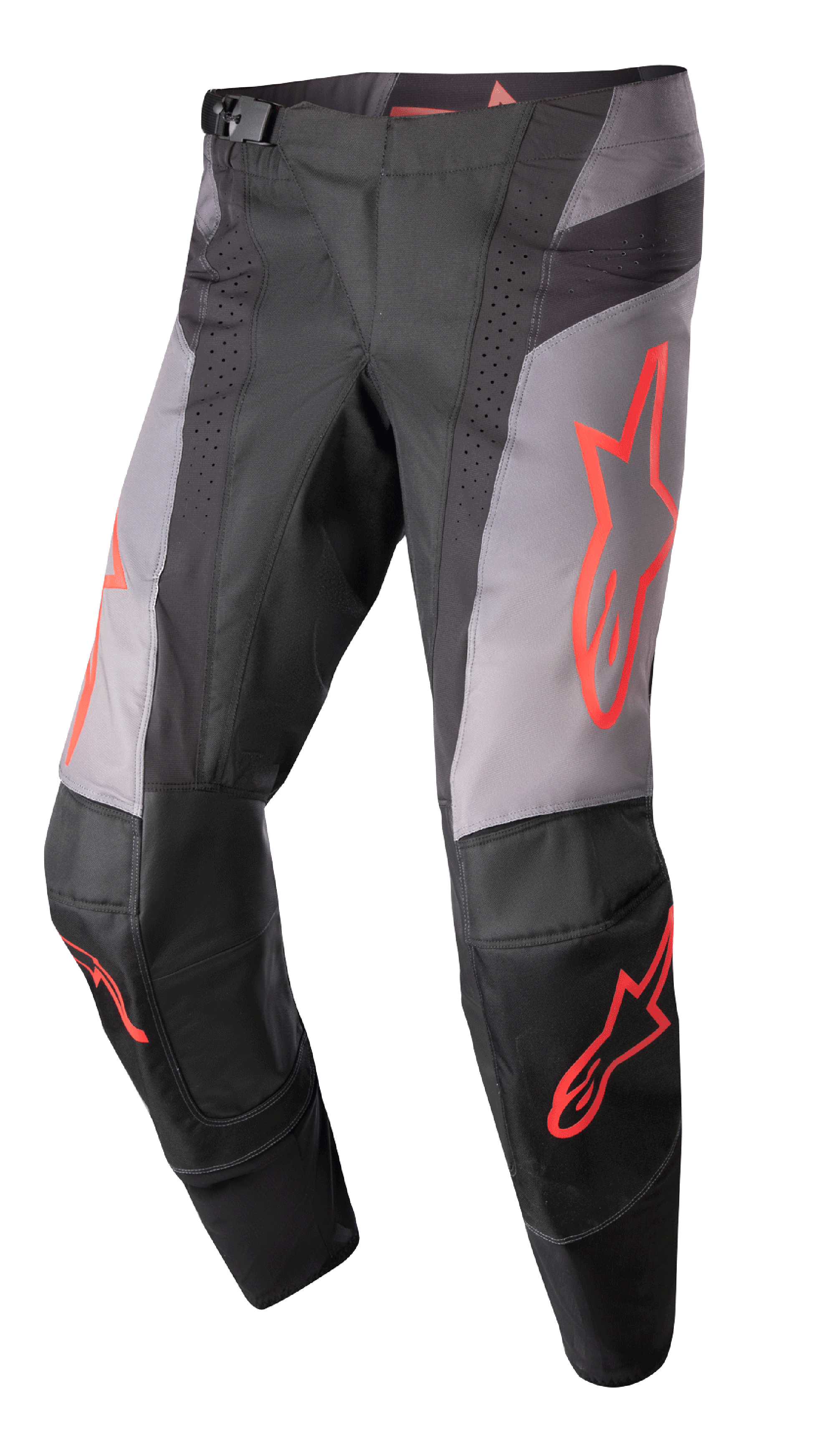 Alpinestars 2023 Techstar Sein broek, motorcross crossbroek, zwart en grijs met neonrode ster-graphics, geperforeerde ventilatiezones, magnetische taillegesp en versterkte 3D Babel-knieconstructie voor off-road prestaties