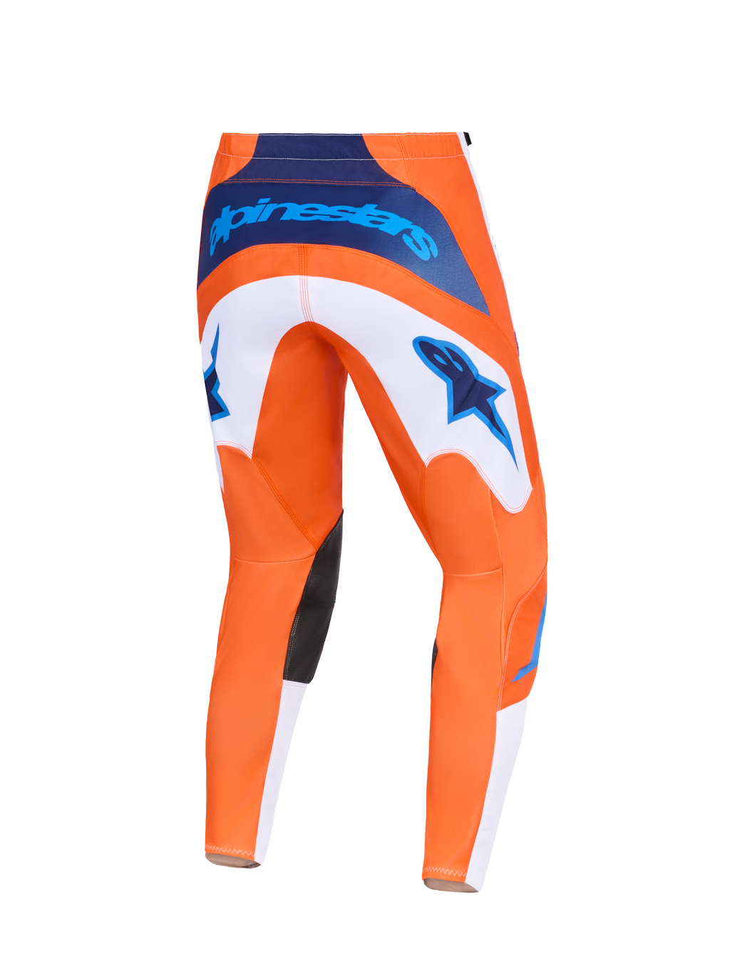 Alpinestars 2026 Fluid Grid Pants, Motocross Pants, Orange and UCLA Blue, back view featuring white panels with blue star logos, navy blue waist branding, and black inner knee patches, durable design for off-road racing