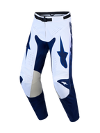 Alpinestars Racer Air Amber motorcrossbroek voor heren, navy blauw en wit, geperforeerde ventilatie, lederen kniepanelen, ideaal voor off-road rijden.
