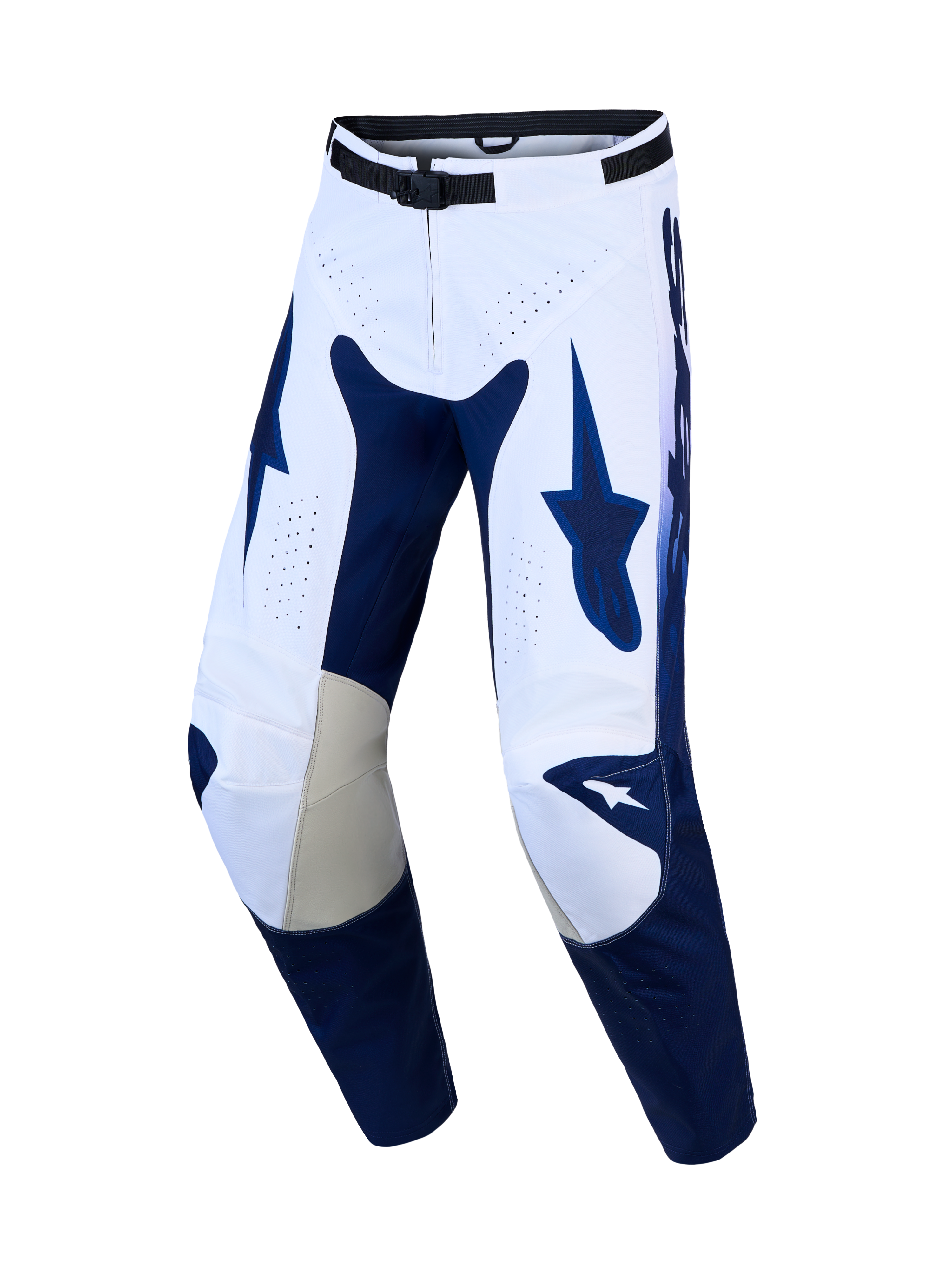 Alpinestars Racer Air Amber motorcrossbroek voor heren, navy blauw en wit, geperforeerde ventilatie, lederen kniepanelen, ideaal voor off-road rijden.
