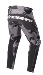 Alpinestars 2023 Racer Tactical Pants, Motocross Pants, Iron Camo gray and black camouflage, rear view featuring white Alpinestars branding across the seat, black reinforced panels, and technical stretch zones for off-road riding.