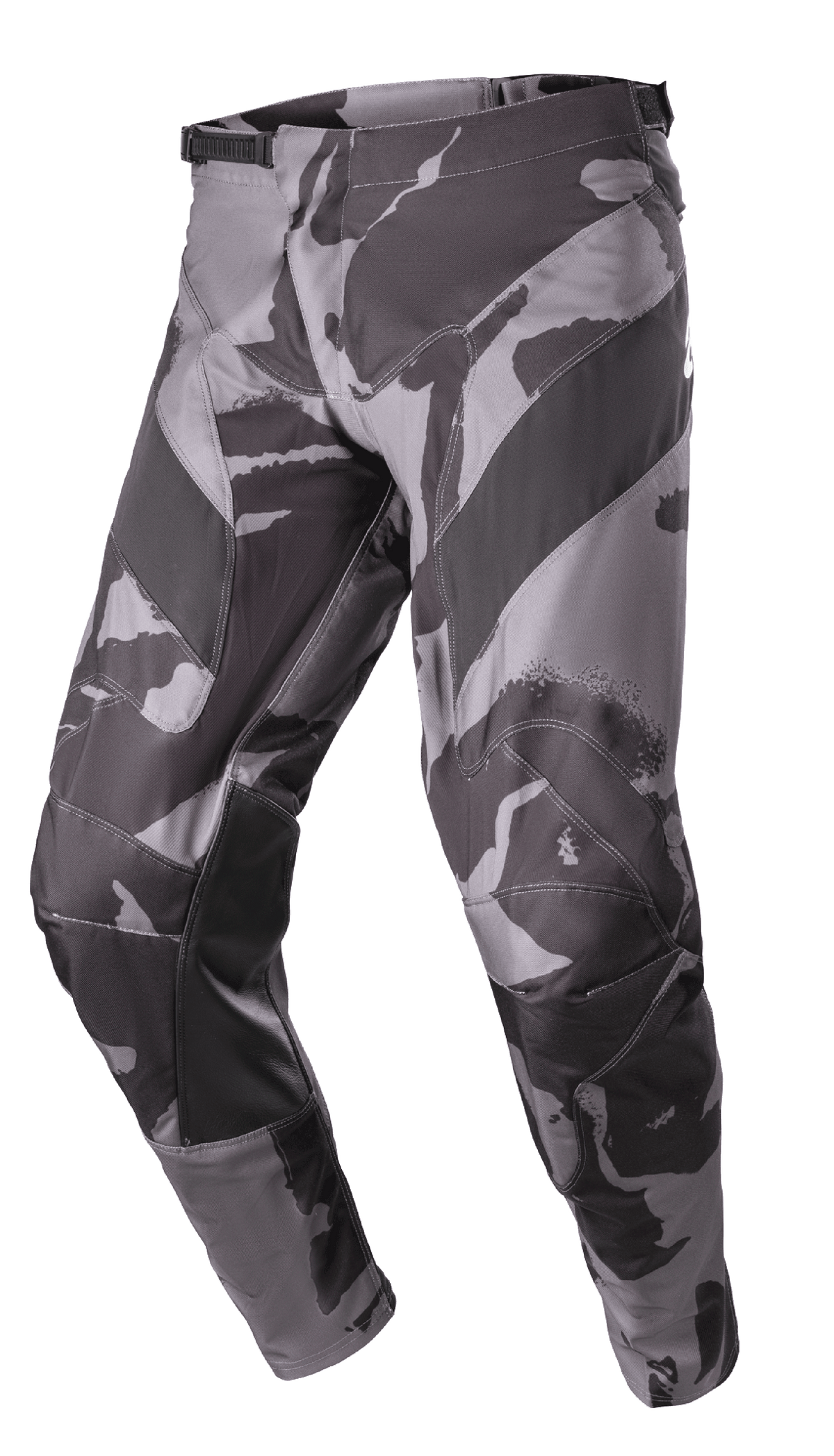 Alpinestars Racer Tactical Pants 2023, pantalon de motocross tout-terrain, camouflage gris et noir, avec renforts en cuir à l'intérieur des jambes, ajustement de la taille par cliquet et construction en poly-tissu 600D durable