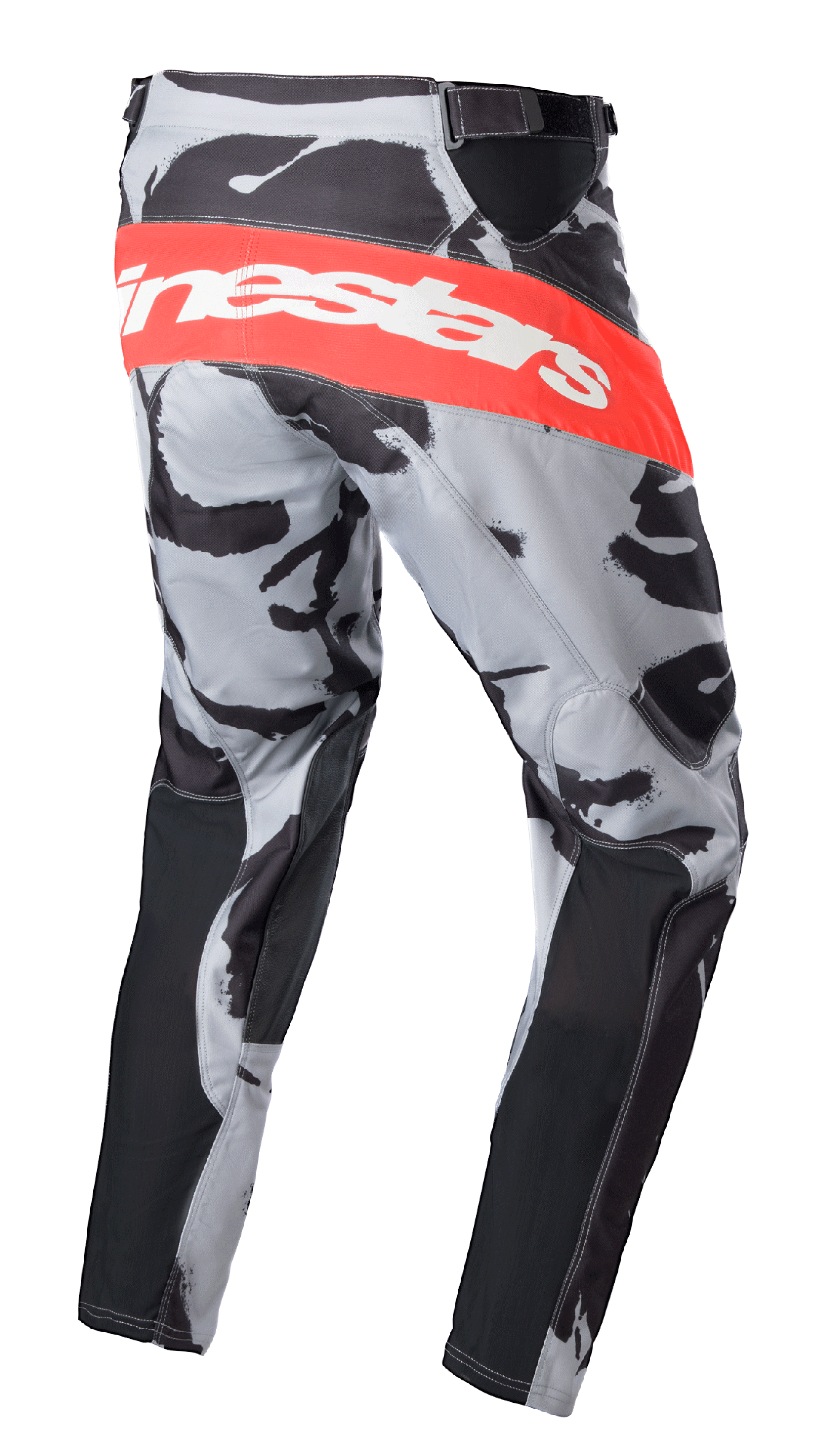 Alpinestars 2023 Racer Tactical Pants, pantalon de motocross, camouflage gris et rouge Mars, large bande horizontale rouge avec logo Alpinestars blanc à l'arrière, motif camouflage avec panneaux noirs, design sportif pour le motocross