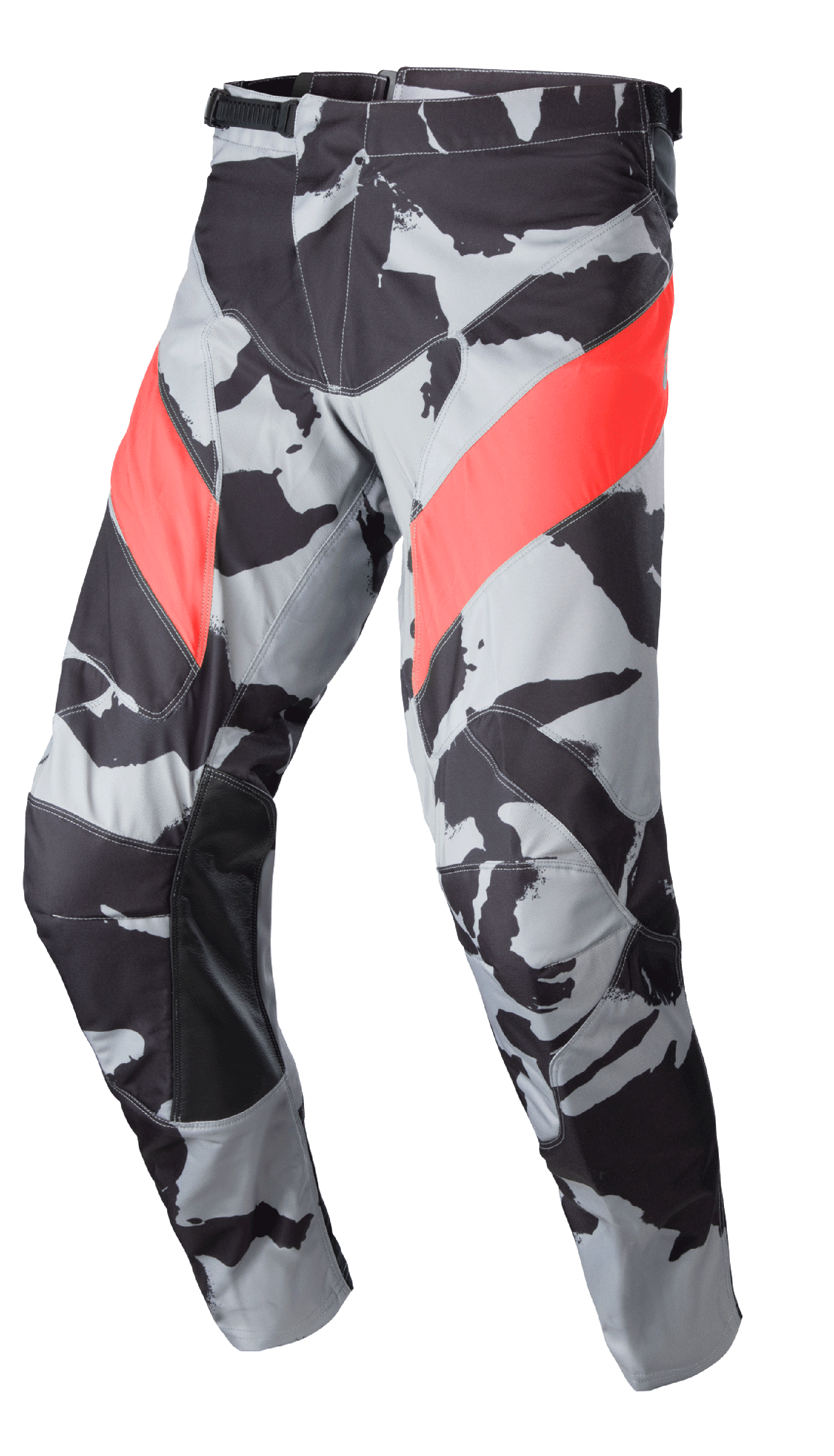 Alpinestars 2023 Racer Tactical Pants, Motocross Off-Road Pants, Cast Gray Camo and Black pattern with Mars Red diagonal accents, leather reinforced inner-leg panels, ratchet waist closure, ergonomic pre-curved design for off-road riding