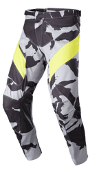 Alpinestars 2023 Racer Tactical Hose, Motocross-Hose, Cast Gray Camo und Yellow Fluo, mit einem grauen Tarnmuster und auffälligen gelben Oberschenkel-Einsätzen, Knieverstärkungen aus schwarzem Leder auf der Innenseite und einem Ratschenverschluss an der Taille für den Offroad-Rennsport.