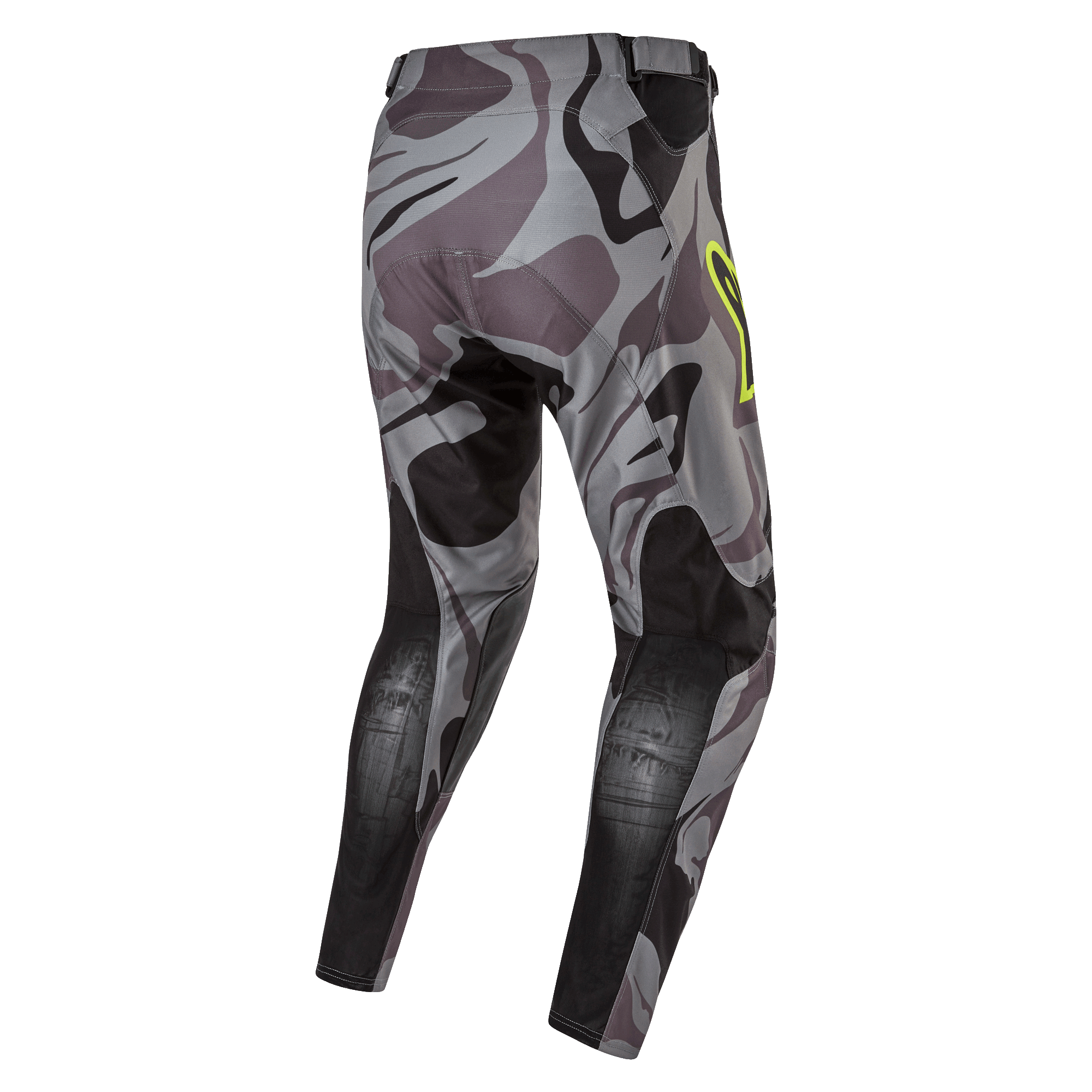 Alpinestars Pantalon Racer Tactical 2024, pantalon de motocross, camouflage gris (Cast Gray Camo Magnet), vue arrière montrant le motif camouflage gris avec des panneaux renforcés noirs, logo jaune sur la hanche, matériau technique rip-stop pour la course tout-terrain