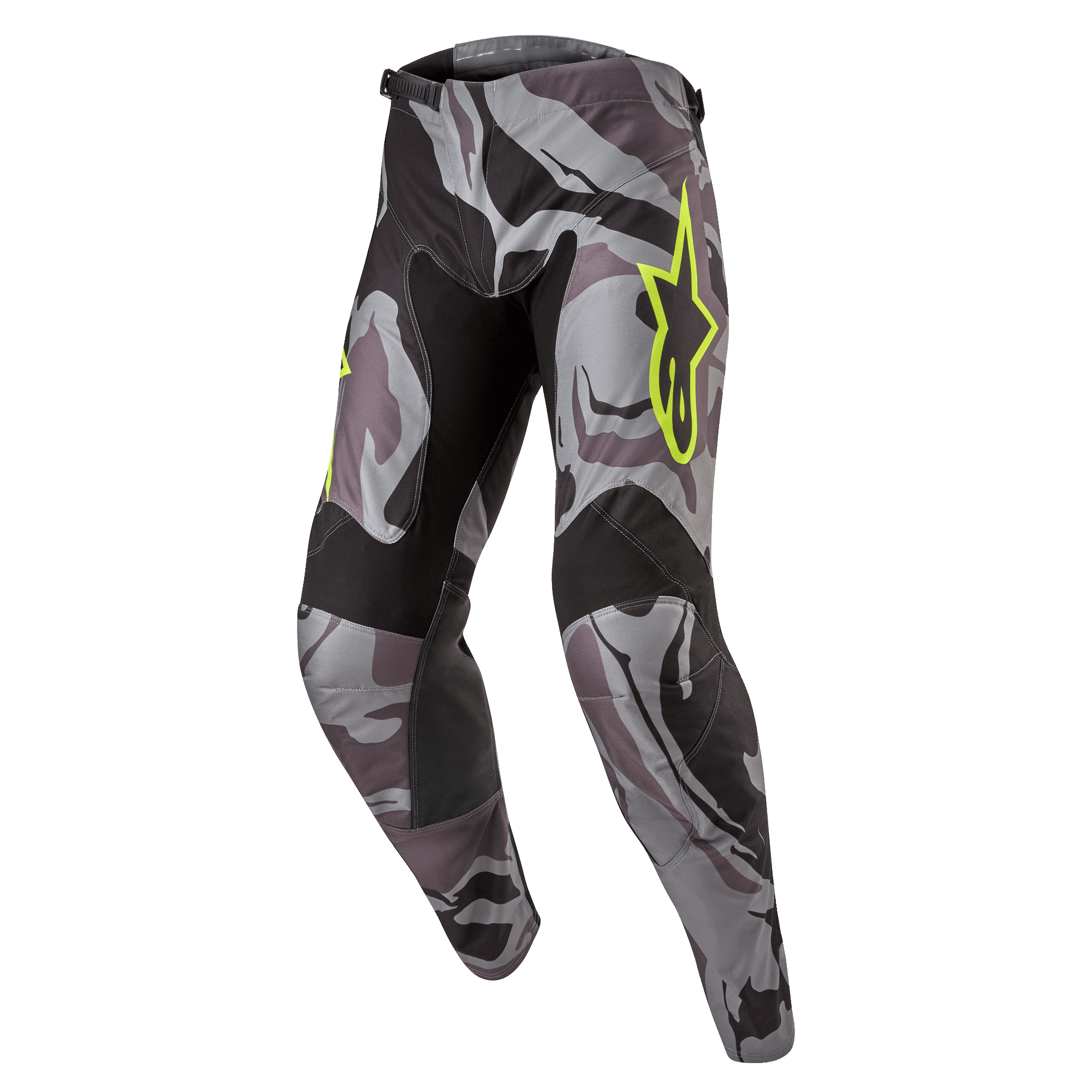 Pantalon Alpinestars Racer Tactical 2024, pantalon de motocross, Cast Gray Camo Magnet, motif camouflage gris et noir avec logo Alpinestars jaune fluo, empiècements noirs à l'intérieur des cuisses et aux genoux, coupe sport pré-courbée pour la conduite tout-terrain