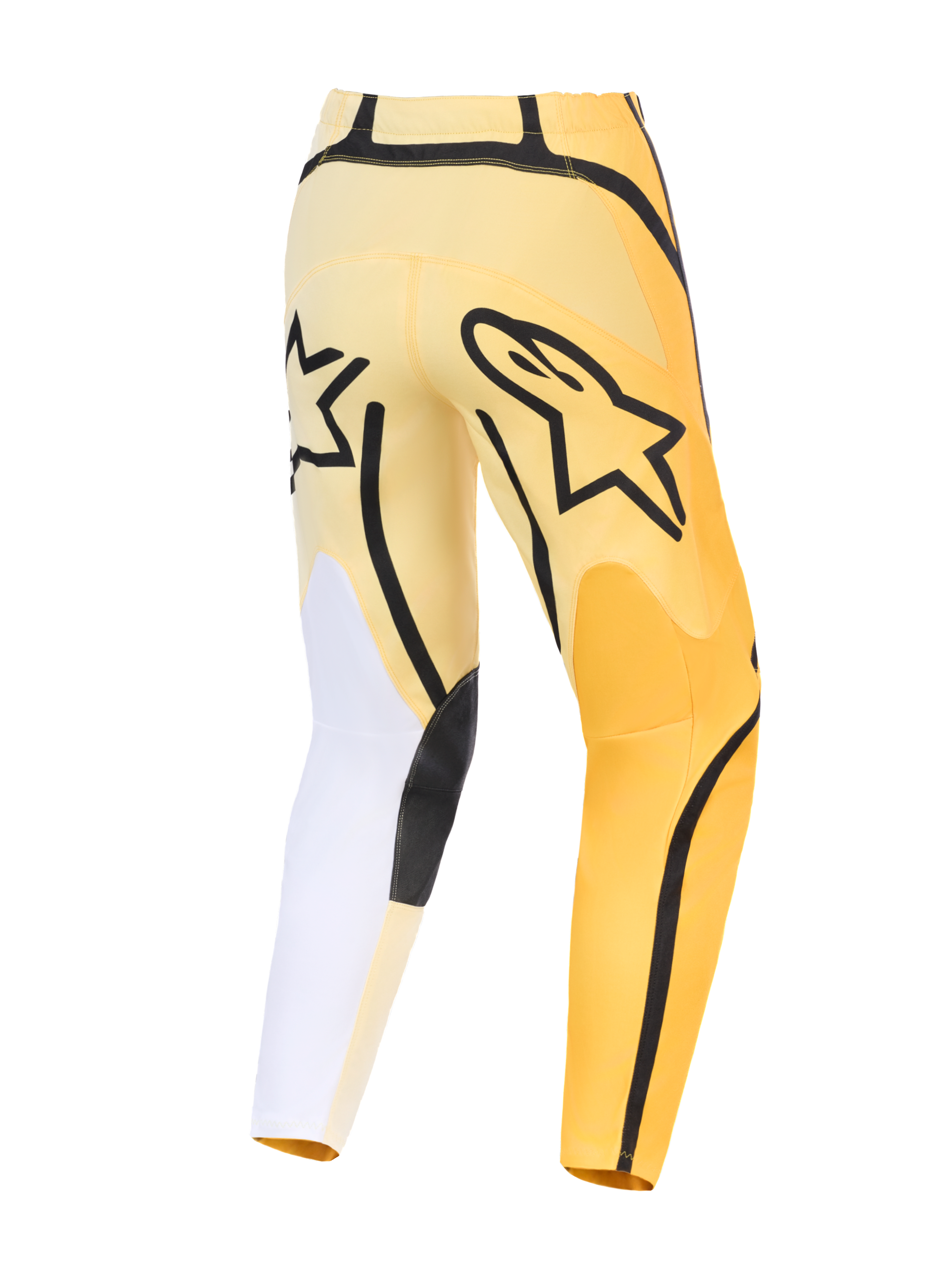 Alpinestars 2026 Fluid Apex Pants, Motocross Pants, Yellow and Black with white accents, rear view featuring bold black Astars logo, asymmetric design with durable reinforced panels and pre-curved fit.