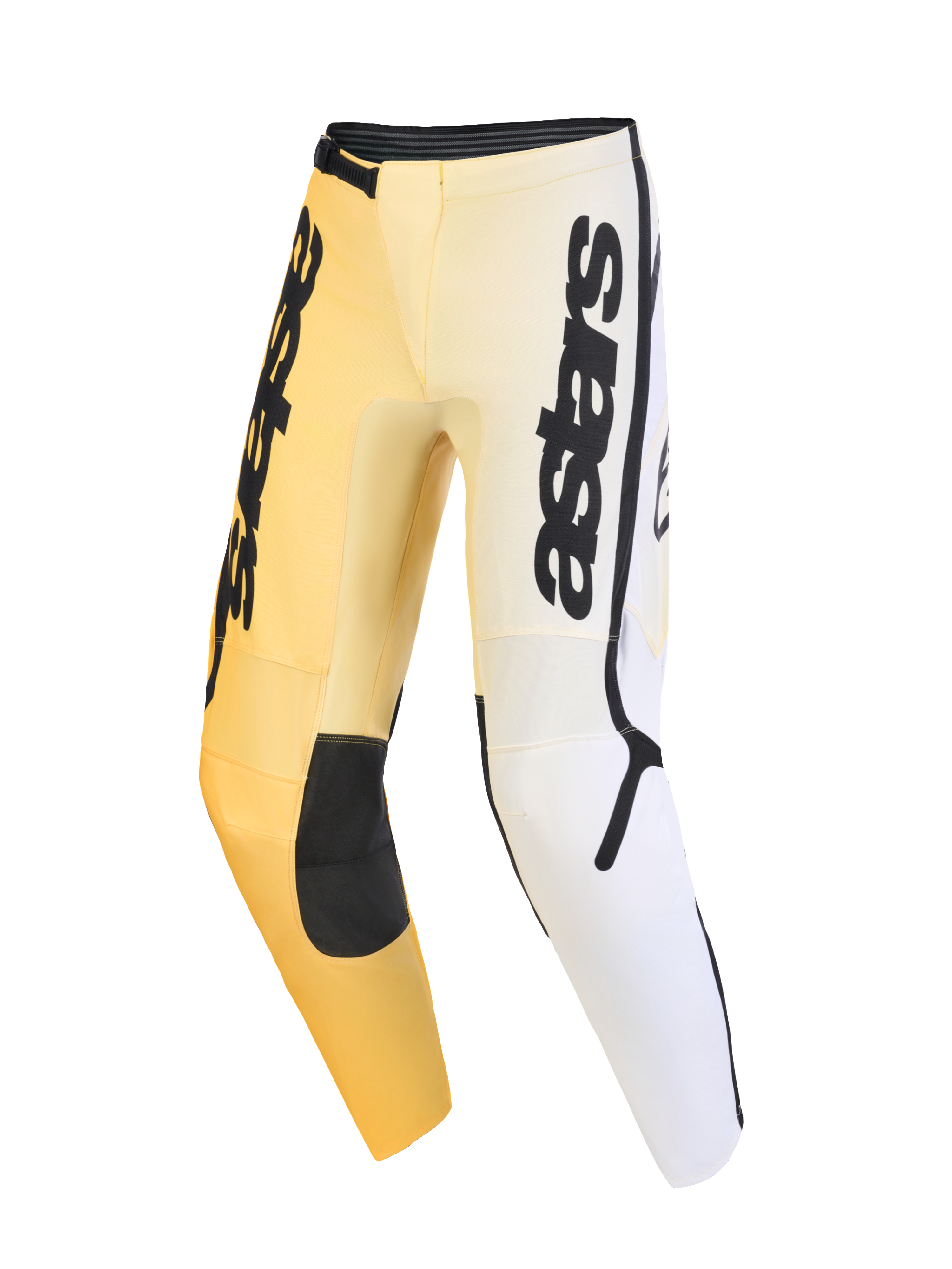 Alpinestars 2026 Fluid Apex Pants, Motocross Pants, Yellow White and Black, featuring a gradient color scheme, bold vertical astars branding on the thighs, black reinforced knee panels, and an ergonomic pre-curved design for off-road performance.
