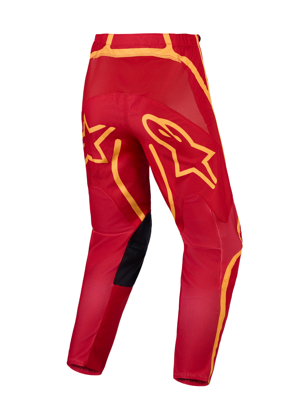 Alpinestars Fluid Apex V2 motocrossbroek in rood en goud, met een verstevigd zitvlak en grote ster-graphics.