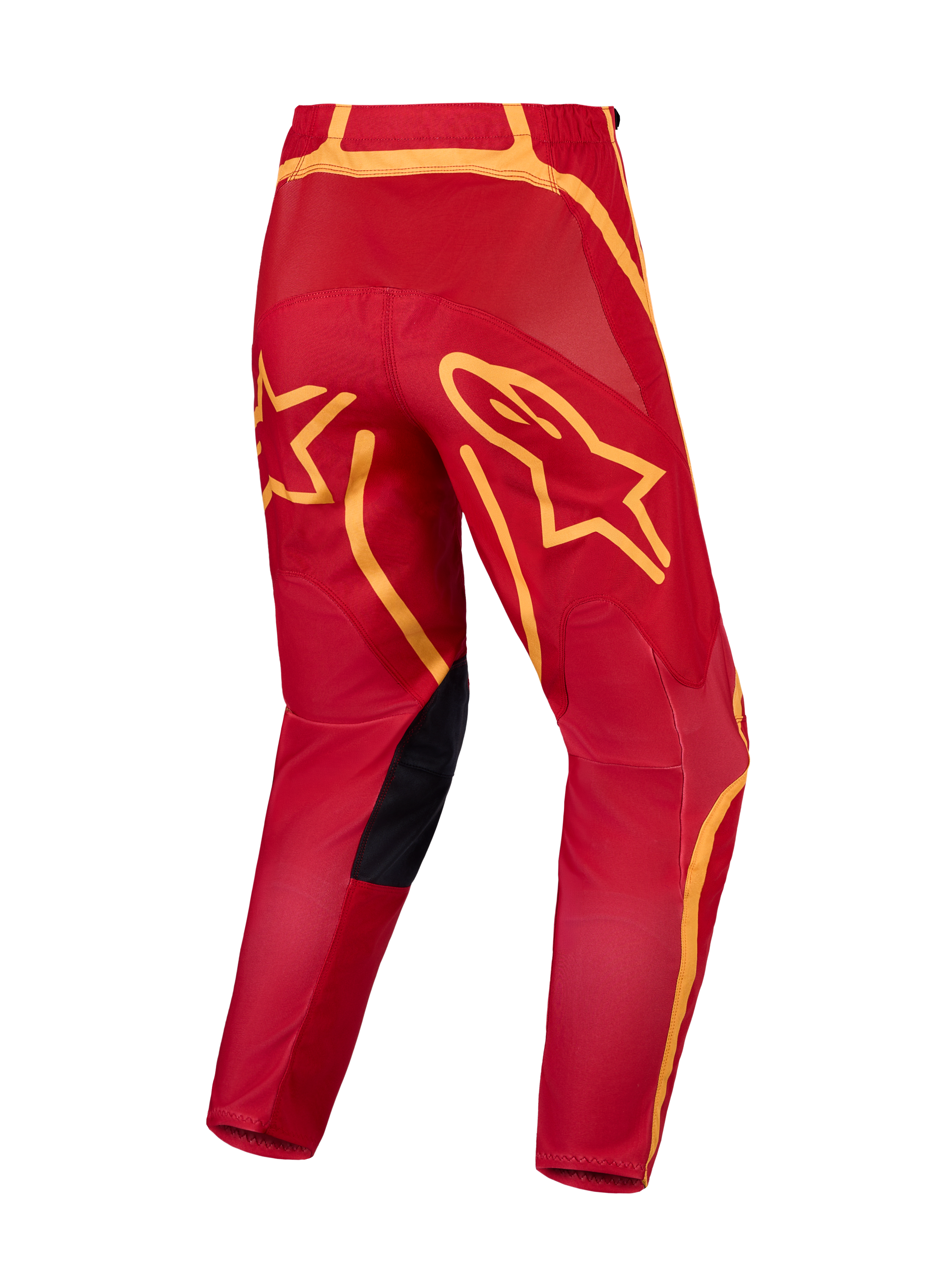 Alpinestars Fluid Apex V2 motocrossbroek in rood en goud, met een verstevigd zitvlak en grote ster-graphics.