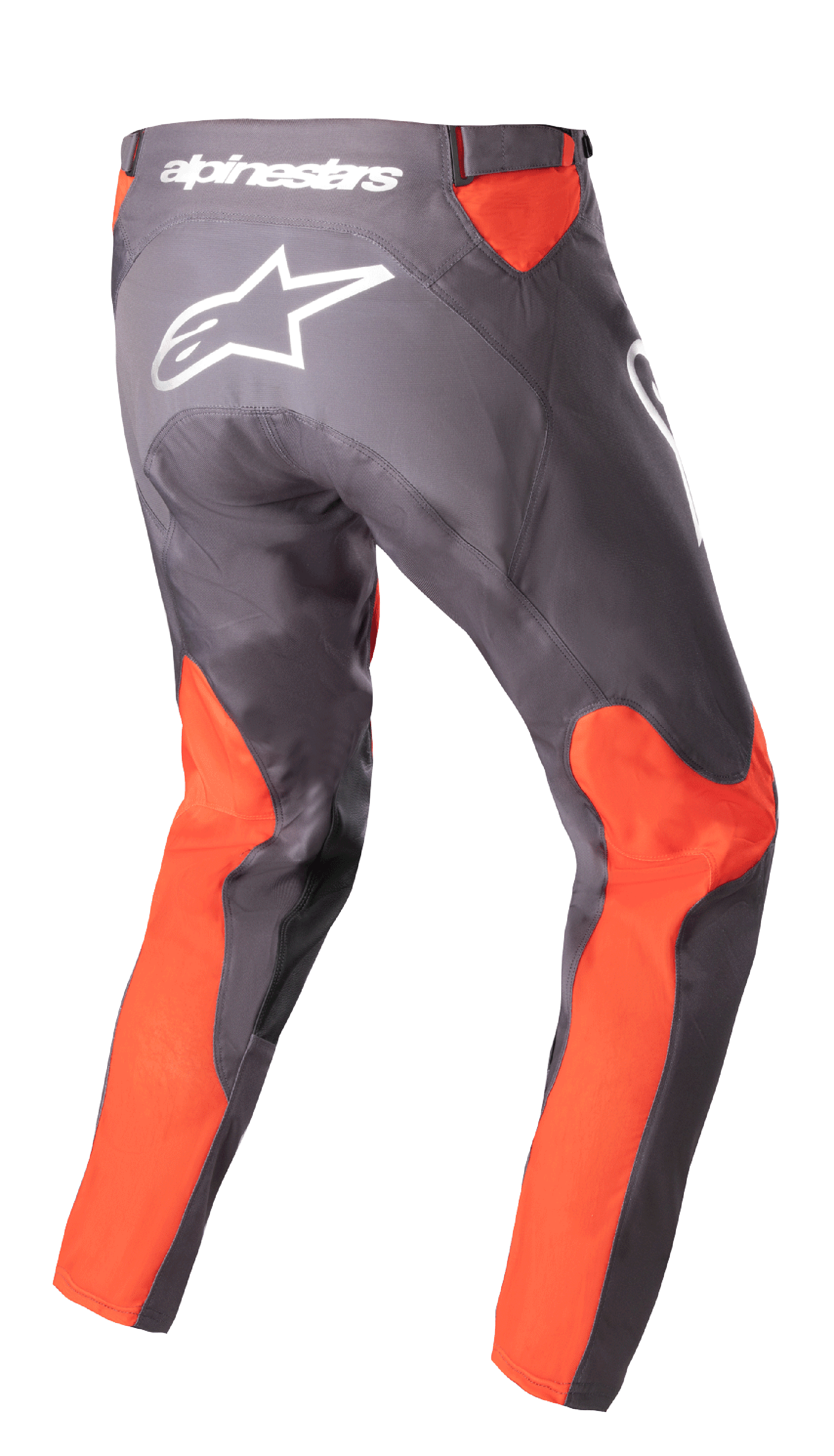 Alpinestars 2023 Racer Hoen Hose, Motocross-Hose, Magnet Hot Orange, Rückansicht mit weißem Alpinestars-Logo und Schriftzug auf der Rückseite, leuchtend orangefarbene Einsätze an Beinen und Taille, strapazierfähige 600D Polygewebe-Konstruktion für den Offroad-Einsatz