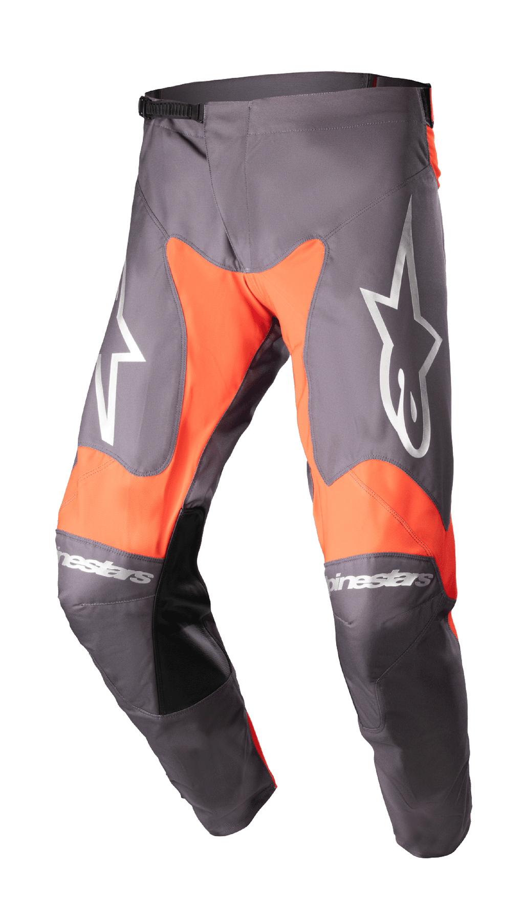 Alpinestars 2023 Racer Hoen Hose, Motocross-Hose, Magnet und Hot Orange, große weiße Sternenlogos auf den Oberschenkeln, schwarze Leder-Innenkniepanele, Ratschenverschluss am Bund, strapazierfähige Konstruktion für Offroad-Rennsport