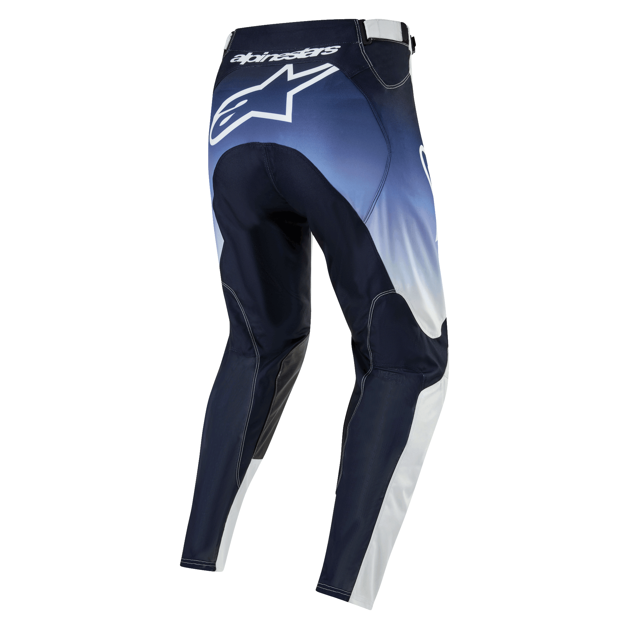 Alpinestars 2024 Racer Hoen Pants, pantalon de motocross, bleu marine, bleu clair et blanc, logo Alpinestars blanc à l'arrière, équipement technique durable pour le tout-terrain