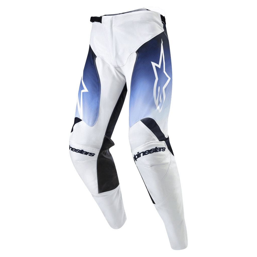 Alpinestars 2024 Racer Hoen Pants, pantalon de motocross, blanc avec accents bleu marine et bleu clair, logo blanc, équipement technique pour le tout-terrain