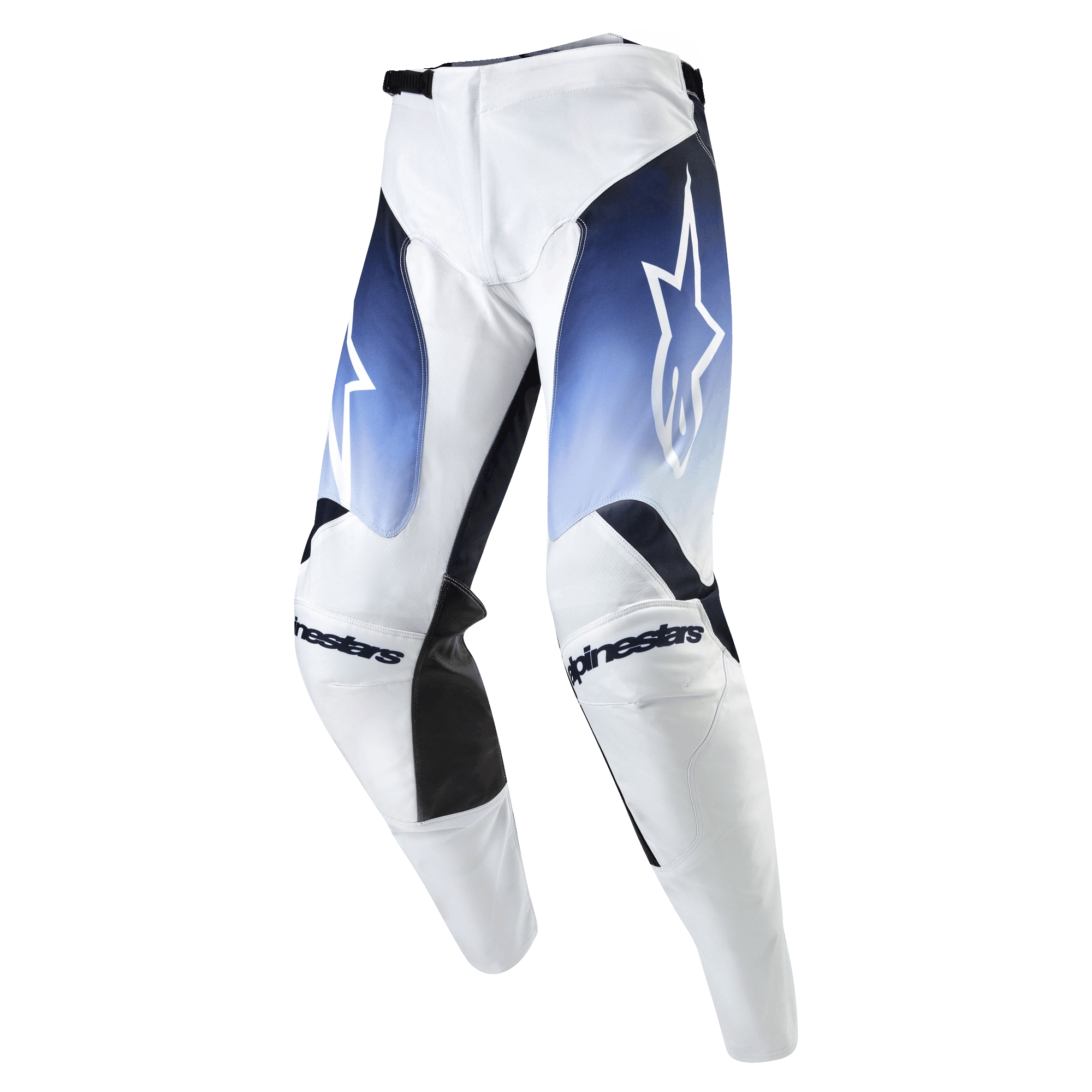 Alpinestars 2024 Racer Hoen Pants, pantalon de motocross, blanc avec accents bleu marine et bleu clair, logo blanc, équipement technique pour le tout-terrain