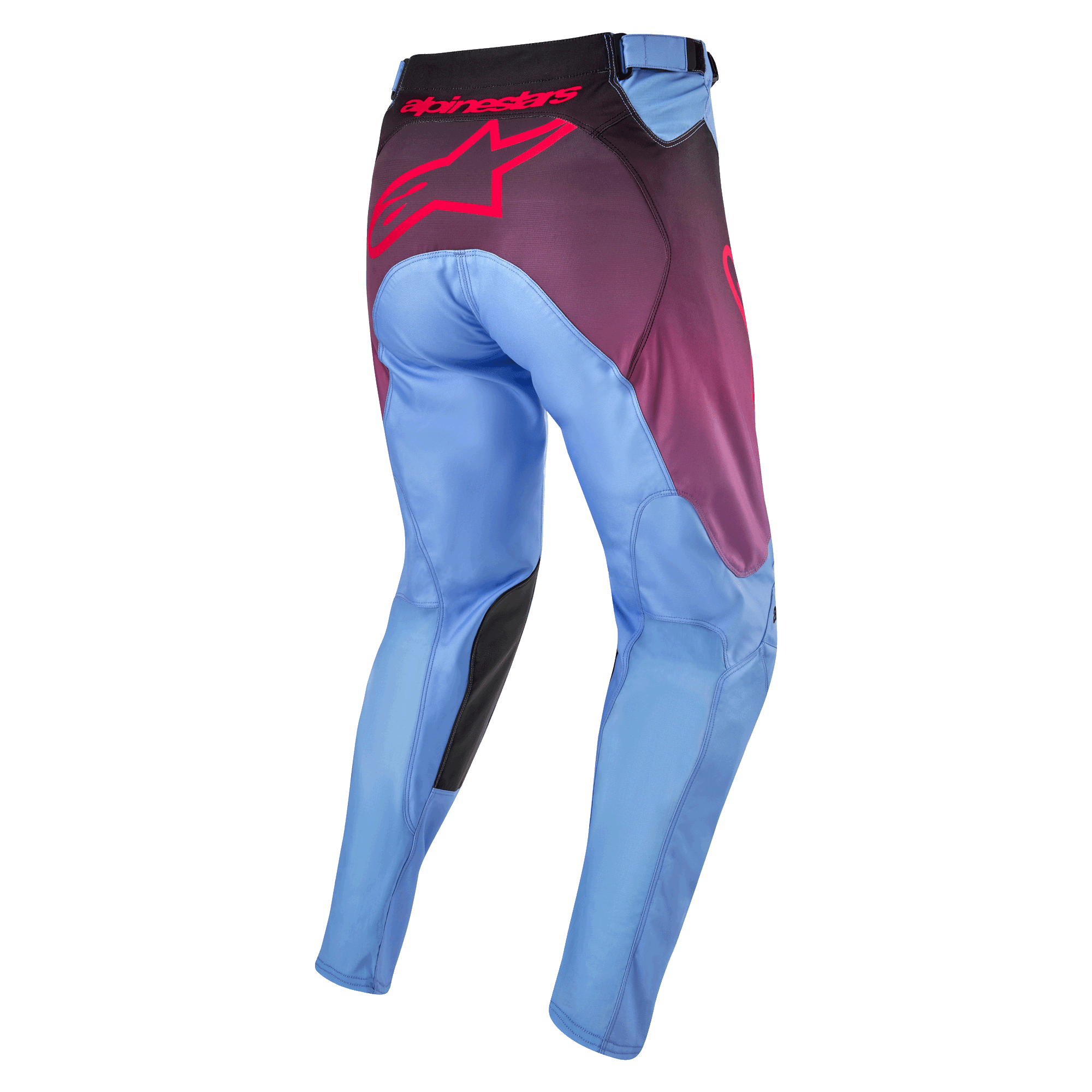 Alpinestars 2024 Racer Hoen broek, motorcrossbroek, Lavan Purple en zwart, achteraanzicht met lichtblauwe pijpen, groot roze Alpinestars-logo op het zitvlak, zwarte binnenpanelen op de knieën en ergonomische voorgevormde constructie voor off-road rijden
