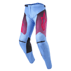 Alpinestars 2024 Racer Hoen crossbroek, motorcross broek, lichtblauw lavendel met paarse kleurverloop-panelen op de dijen en roze sterlogo, zwarte kniepanelen aan de binnenzijde, voorgevormd ergonomisch ontwerp voor off-road prestaties
