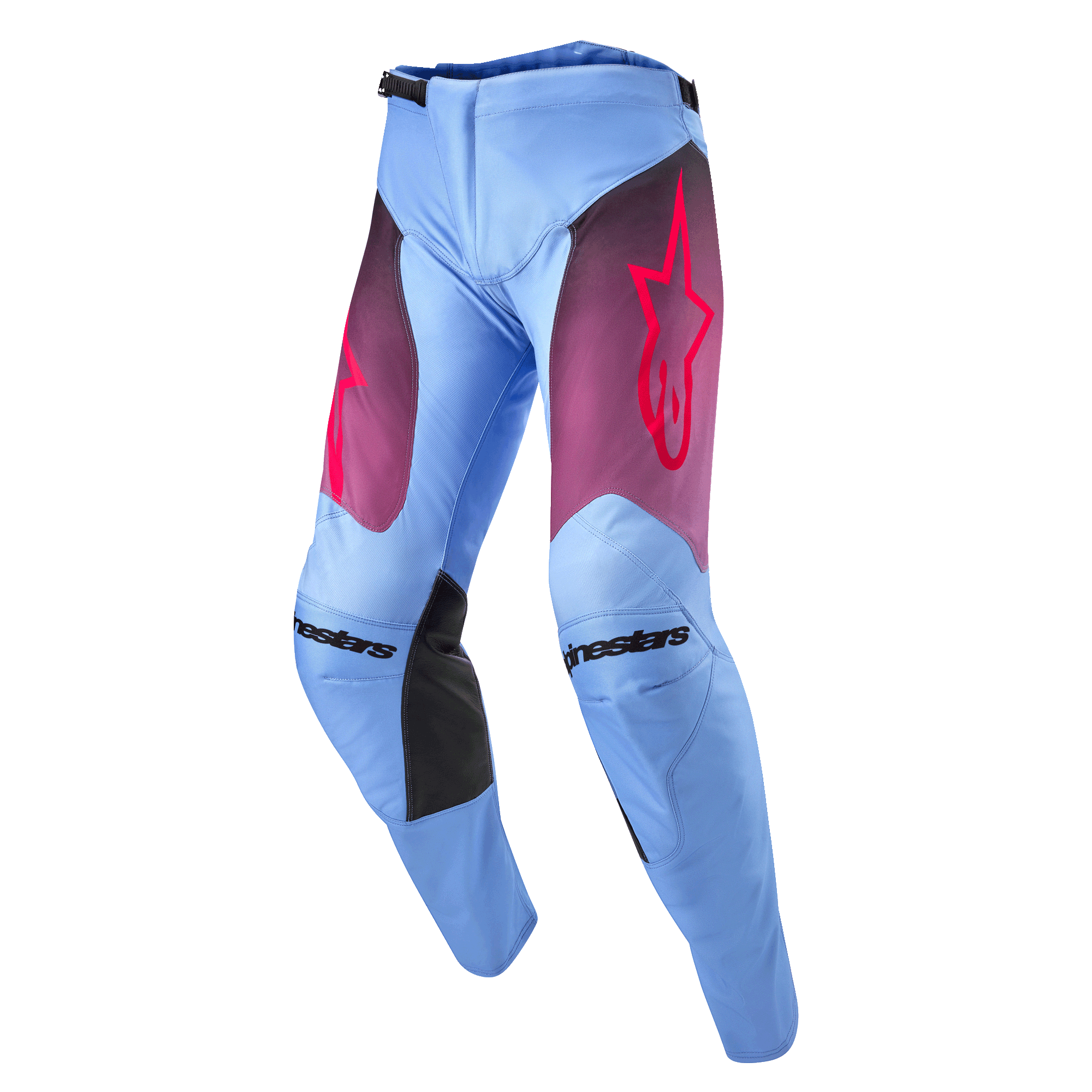Alpinestars 2024 Racer Hoen crossbroek, motorcross broek, lichtblauw lavendel met paarse kleurverloop-panelen op de dijen en roze sterlogo, zwarte kniepanelen aan de binnenzijde, voorgevormd ergonomisch ontwerp voor off-road prestaties