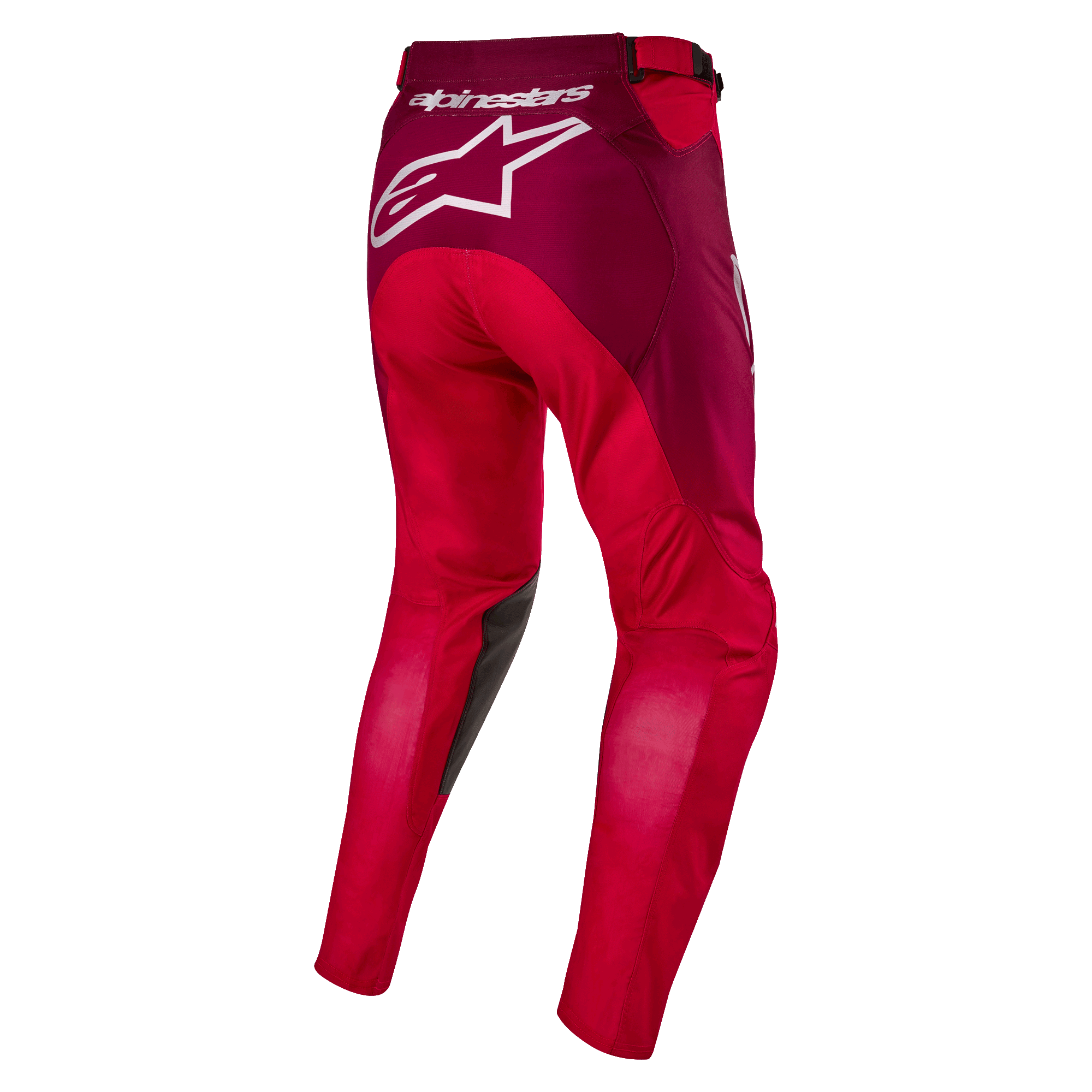 Alpinestars Racer Hoen 2024, pantalon de motocross, rouge Mars et bordeaux, vue arrière montrant un grand logo Alpinestars blanc sur l'assise, construction ergonomique des jambes pré-courbée, textile durable pour la course tout-terrain