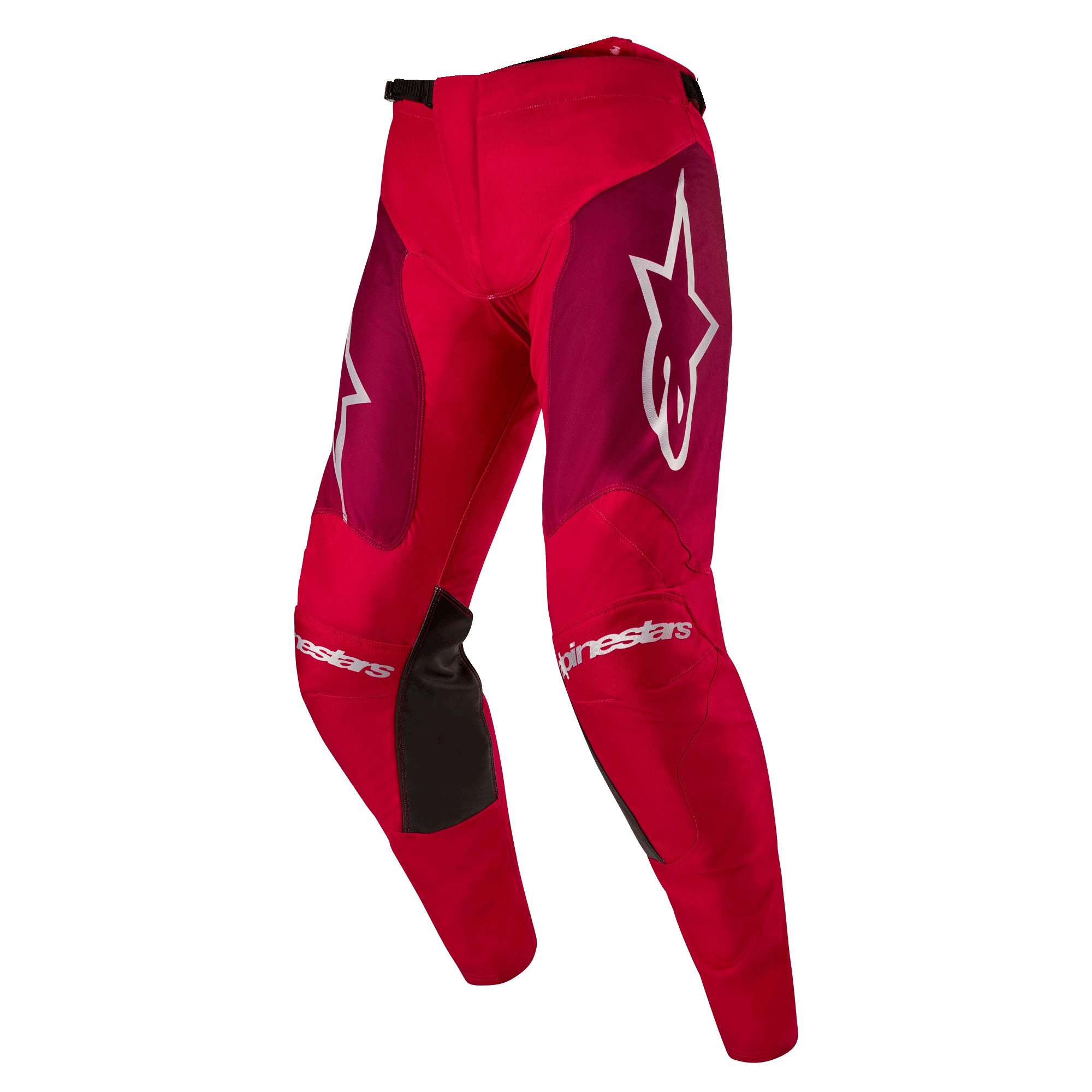 Pantalon Alpinestars 2024 Racer Hoen, pantalon de motocross, coloris Mars Red Burgundy, avec empiècements bordeaux sur les cuisses et logos Alpinestars blancs sur les genoux et les hanches, panneaux de préhension noirs à l'intérieur des genoux, design sportif pré-courbé pour la performance tout-terrain