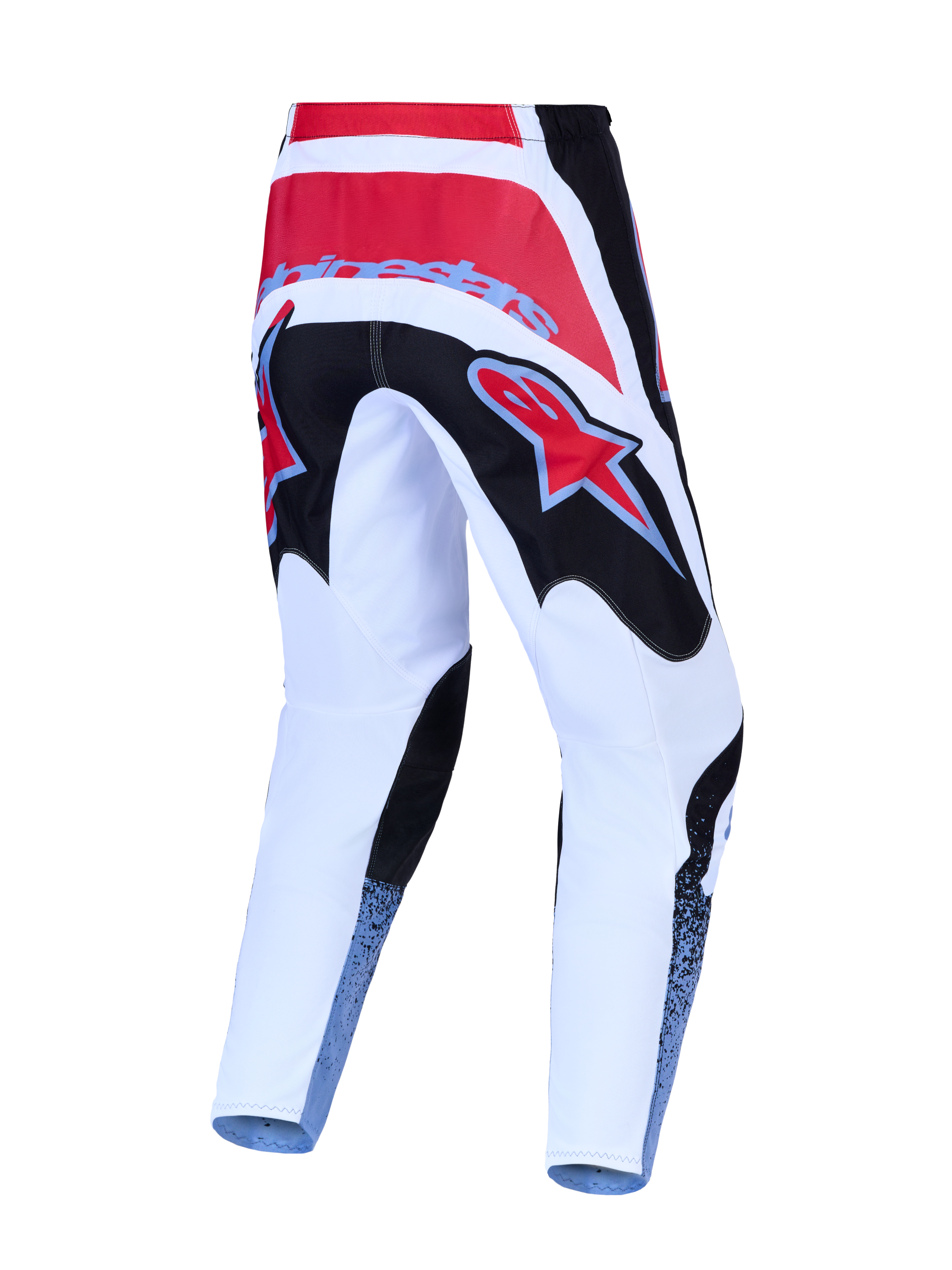 Alpinestars Fluid Drag broek, motorcrossbroek in wit en zwart met rode accenten, duurzame 600D polystof, achteraanzicht.