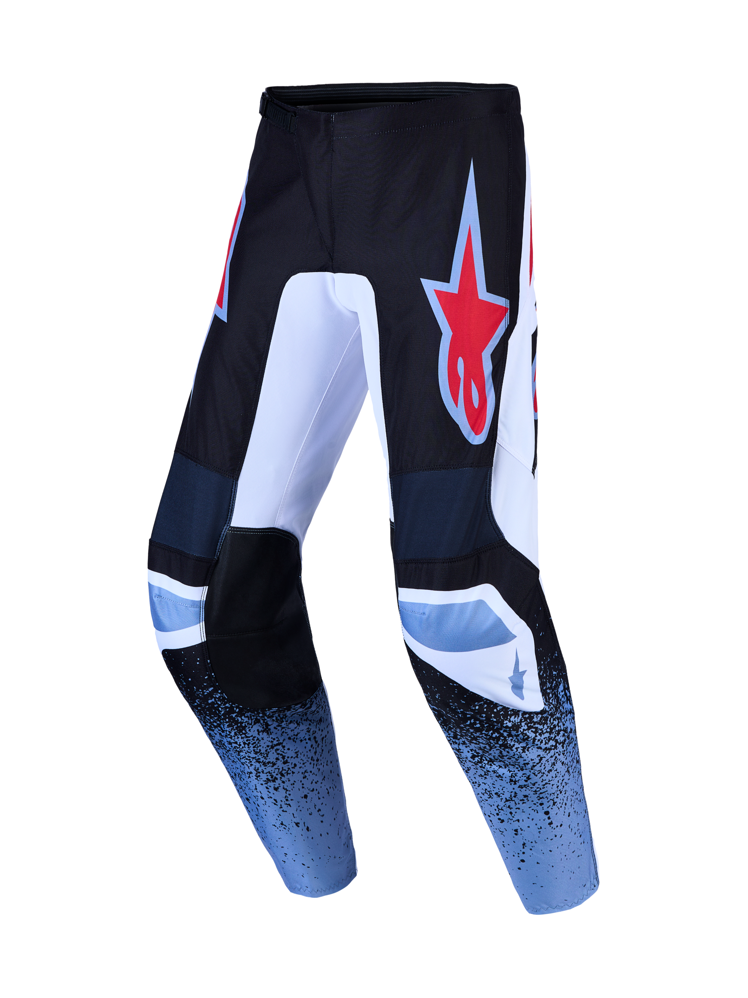 Alpinestars Fluid Drag motorcrossbroek in zwart en blauw met een rood sterlogo en duurzaam 600D polyfabric.