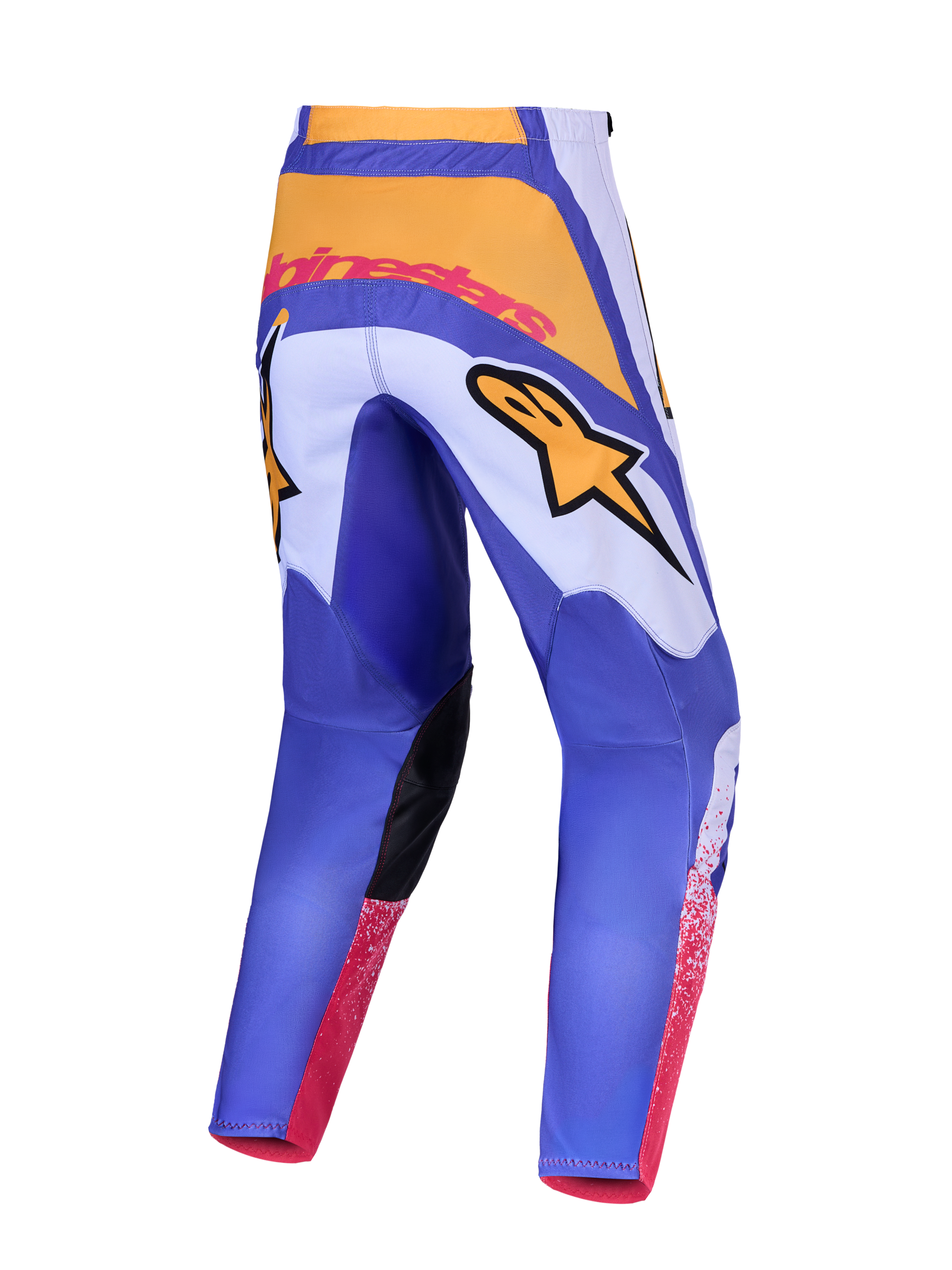 Alpinestars 2027 Fluid Drag broek, herenmotorcrossbroek, blauw en geel, met een ergonomisch voorgevormd 3D-patroon.