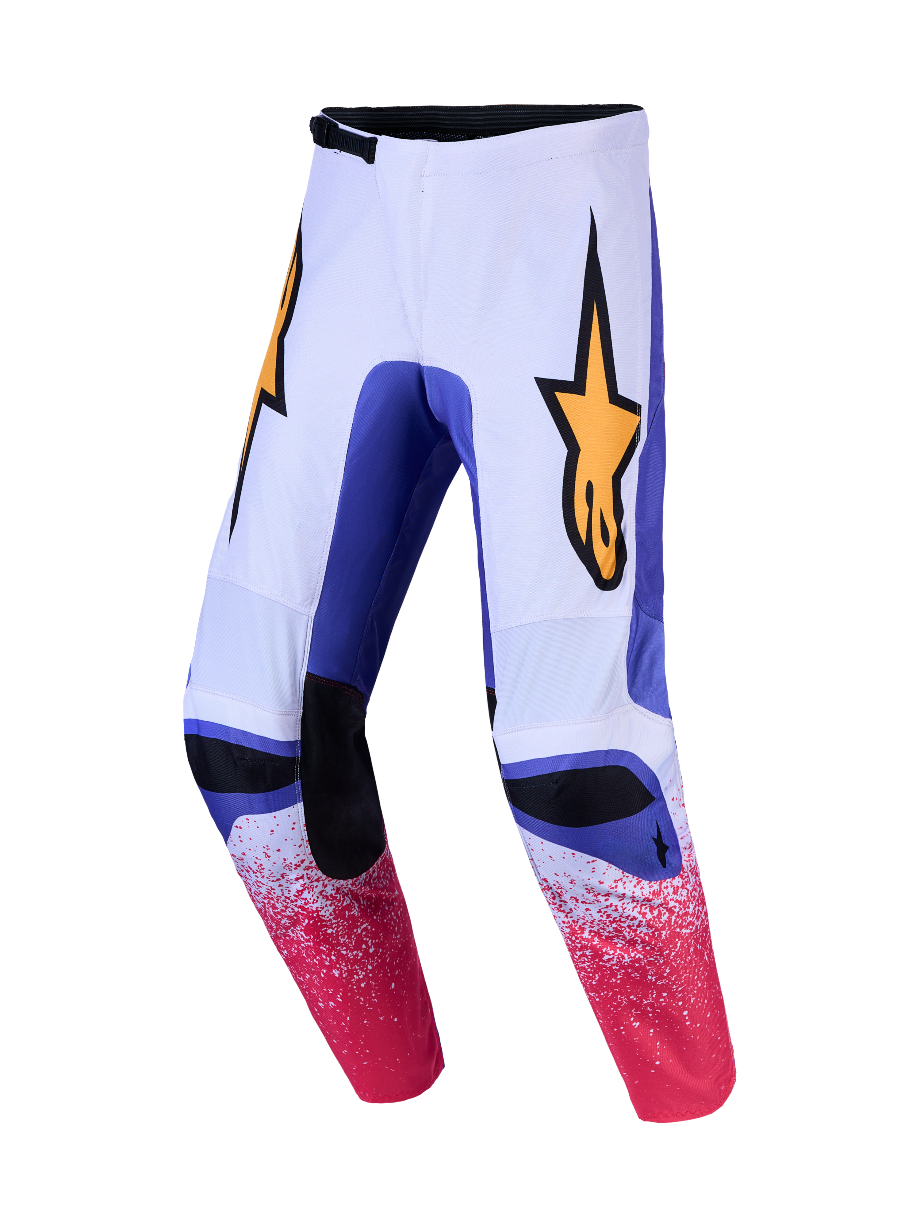 Alpinestars Fluid Drag broek, heren motocrossbroek in licht lila en blauw met gouden logo's en voorgevormde constructie.