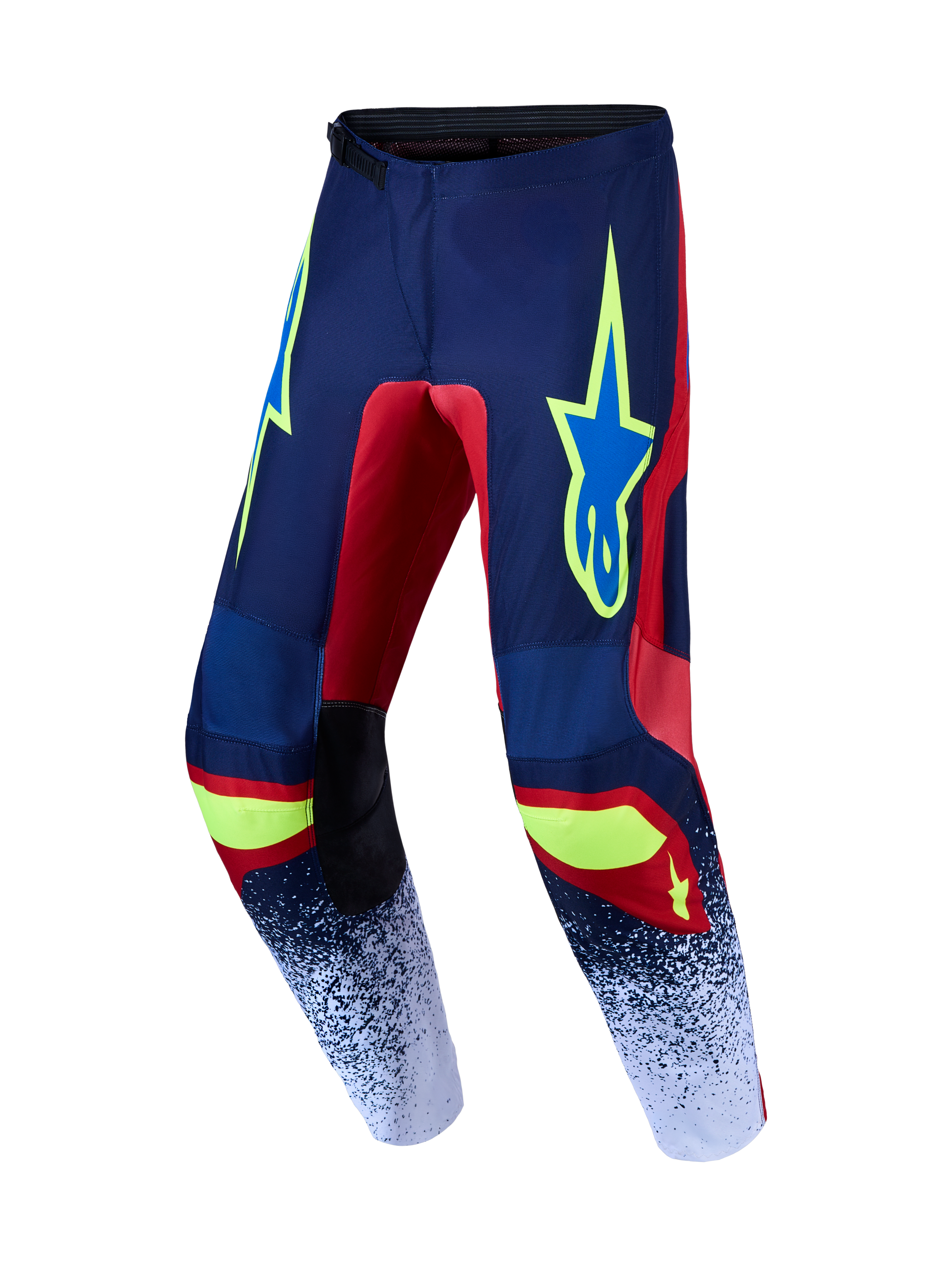 Alpinestars 2027 Fluid Drag Motocross Hose, Offroad-Rennhose, Navy-Blau und Rot mit neongelben Akzenten, schützendes Polygewebe