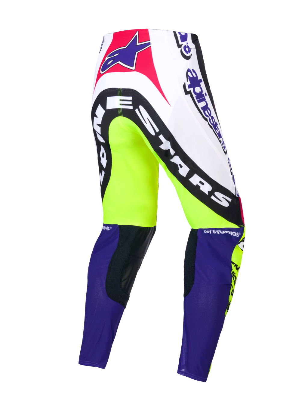 Alpinestars Beperkte Oplage Supertech Dirt Studios broek, motocross broek, wit, paars en fluogeel, enkellaagse stretch rip-stop constructie met leren kniepanelen, achteraanzicht met merklogo's