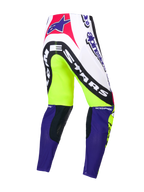Alpinestars Beperkte Oplage Supertech Dirt Studios broek, motocross broek, wit, paars en fluogeel, enkellaagse stretch rip-stop constructie met leren kniepanelen, achteraanzicht met merklogo's