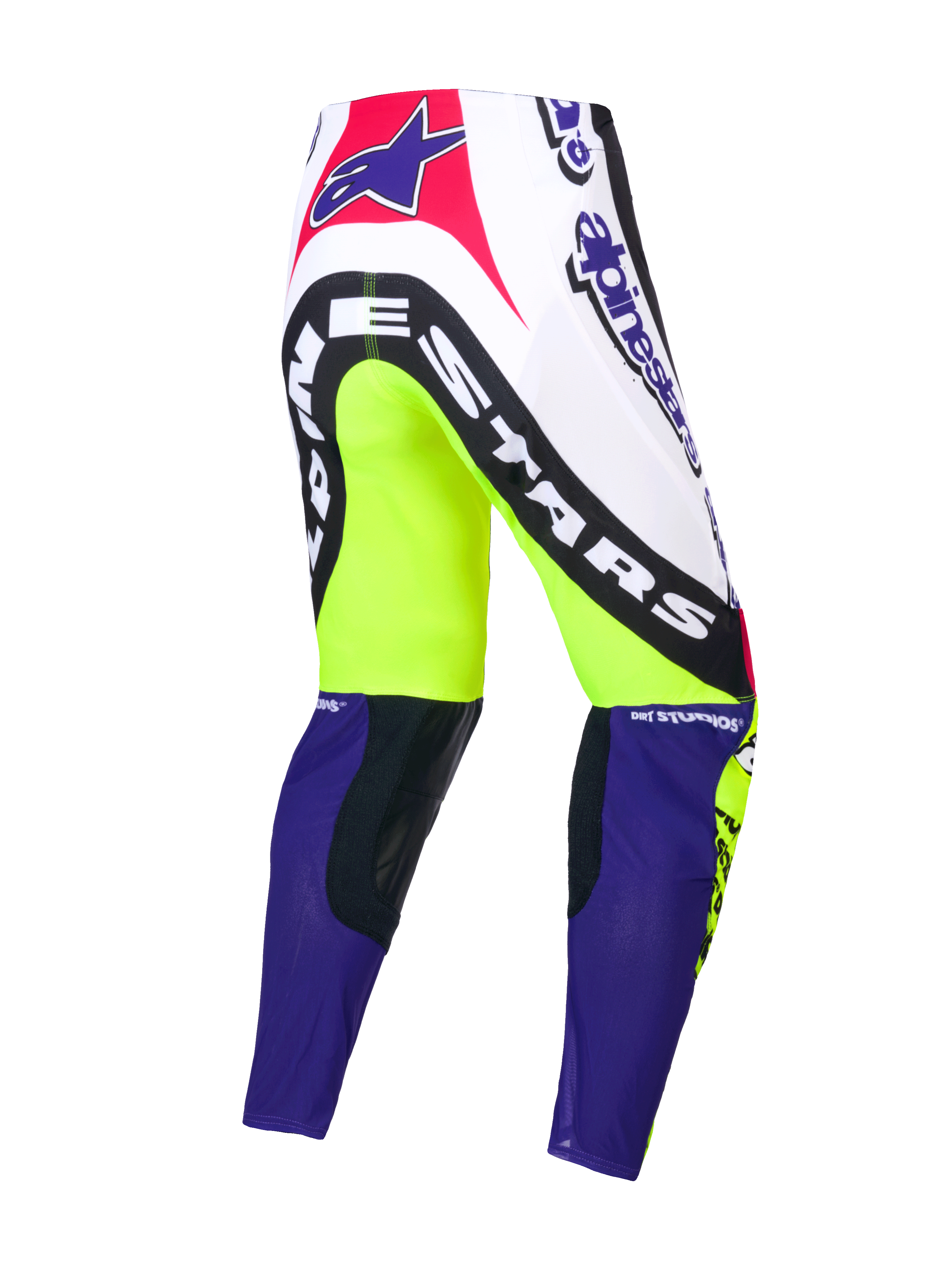 Alpinestars Beperkte Oplage Supertech Dirt Studios broek, motocross broek, wit, paars en fluogeel, enkellaagse stretch rip-stop constructie met leren kniepanelen, achteraanzicht met merklogo's