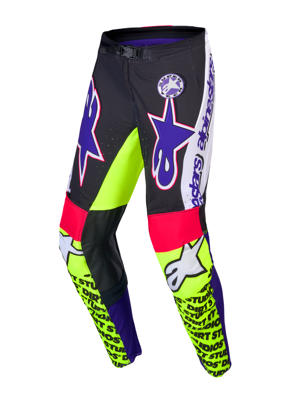 Alpinestars Limited Edition Supertech Dirt Studios broek, motorcrossbroek, wit, paars en fluogeel, enkellaagse stretch rip-stop stof met lederen kniepanelen