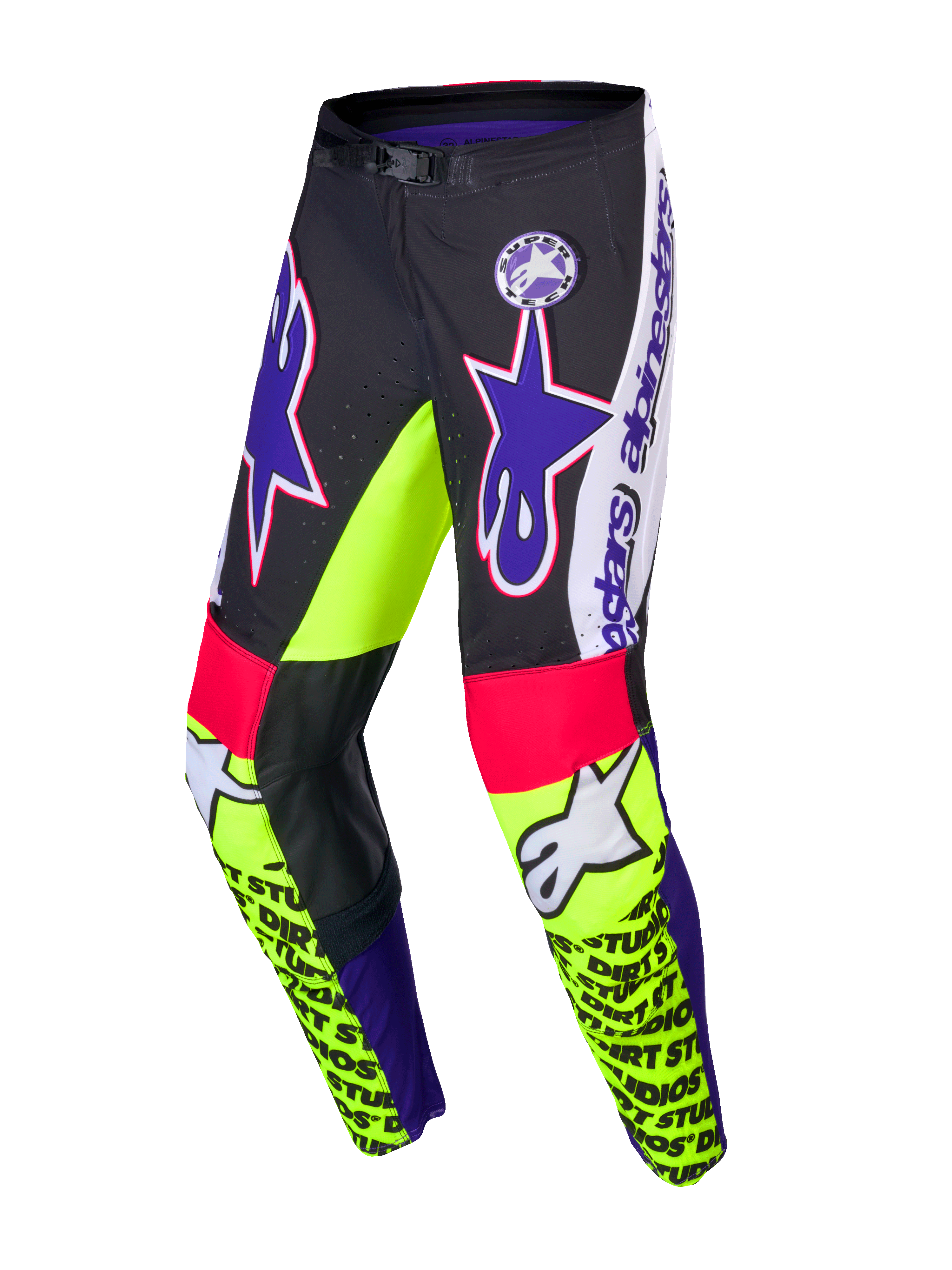 Alpinestars Limited Edition Supertech Dirt Studios broek, motorcrossbroek, wit, paars en fluogeel, enkellaagse stretch rip-stop stof met lederen kniepanelen
