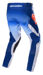 Alpinestars 2023 Racer Semi Hose, Motocross-Hose, Blau Hot Orange, Rückansicht mit blauem Farbverlauf und weißen Einsätzen, Alpinestars-Logo in Hot Orange an der Hüfte, schwarze Lederverstärkungen an der Beininnenseite, technisches Design für Offroad-Rennsport
