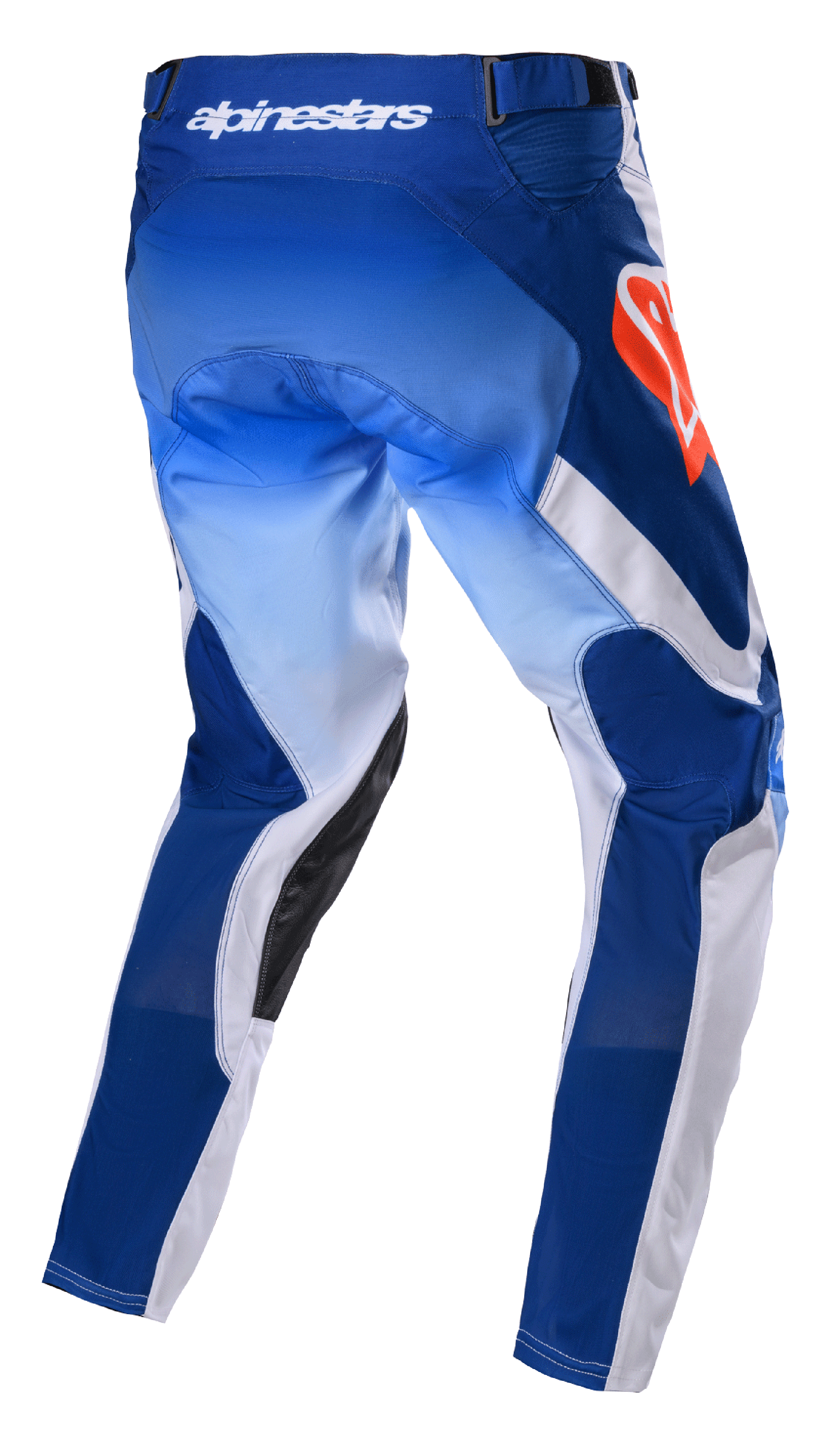 Alpinestars 2023 Racer Semi Hose, Motocross-Hose, Blau Hot Orange, Rückansicht mit blauem Farbverlauf und weißen Einsätzen, Alpinestars-Logo in Hot Orange an der Hüfte, schwarze Lederverstärkungen an der Beininnenseite, technisches Design für Offroad-Rennsport